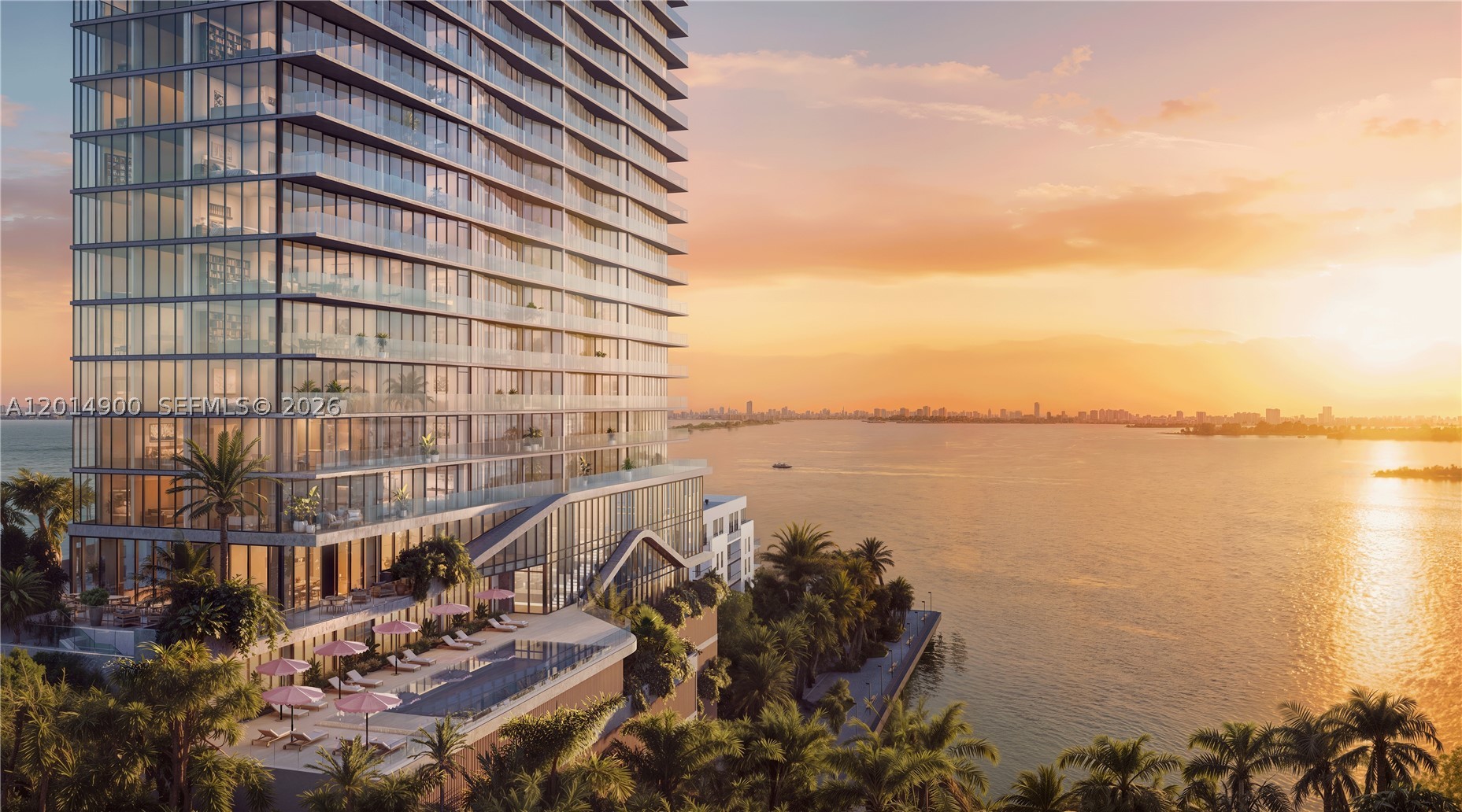 Situated along the Biscayne Bay waterfront in Edgewater, The Cove Residences is a luxury 40-story tower offering a collection of 134 thoughtfully curated homes. This boutique building features expansive interiors, soaring ceilings, and private terraces in every home, creating an urban sanctuary that seamlessly blends indoor and outdoor living. Residence 2403 is a 1472-sq-ft two-bedroom, two-and half- bathroom with 10-ft ceilings and a 132-sq-ft terrace. Bright southern exposures fill the space with natural light through expansive floor-to-ceiling windows. The kitchen features Calacatta Gold countertops and backsplash with Bosch and Thermador appliances, while the spa-inspired bath offers double vanities, stone countertops, and Calacatta Gold wet walls. Residents enjoy nearly 40,000 sq ft of amenities, including a bayfront infinity pool, wellness spa, spin auditorium, grand theatre, and rooftop summer kitchen and more. All images are digital renderings.