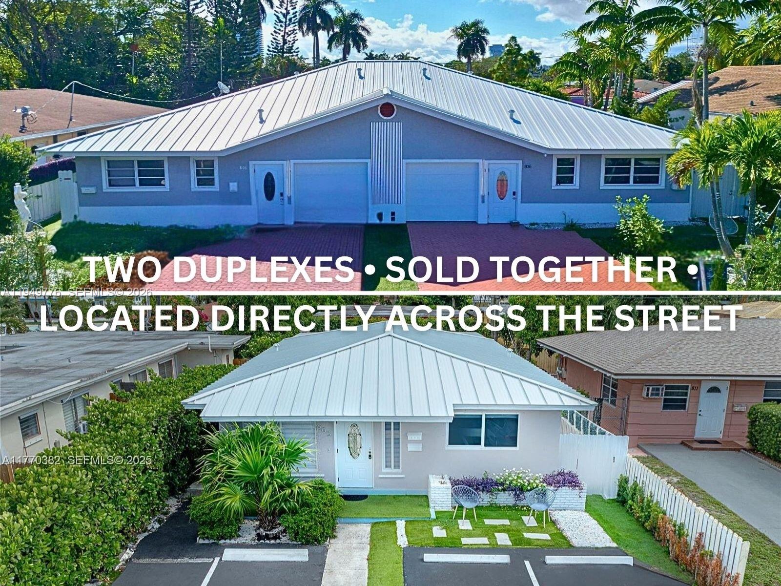 Exceptional investment opportunity in East Hallandale Beach, east of US-1 and just minutes from the beach. Rare package deal featuring TWO DUPLEX properties sold together, across street from one another. Ideal for short-term rental or long-term income. 806 offers approximately 3,300 sq. ft. of living space with a pool and two spacious units, including a 2 bed/3 bath and a 2 bed/2 bath. Both units have private attached garage spaces currently in the process of conversion to additional bedrooms, offering potential to increase to four units with separate entrances. Separate water and electric meters, sliders from both units leading directly to the pool, and ample parking. 805 features two fully updated units including a 2 bed/2 bath and a 2 bed/1 bath with modern finishes throughout. Both duplexes offer on-site laundry, abundant parking, and BRAND NEW METAL ROOFS. Strong income potential with excellent Airbnb appeal in a high-demand coastal location. Properties must be sold together. Two separate folios. 13,124 sq.ft of land combined.