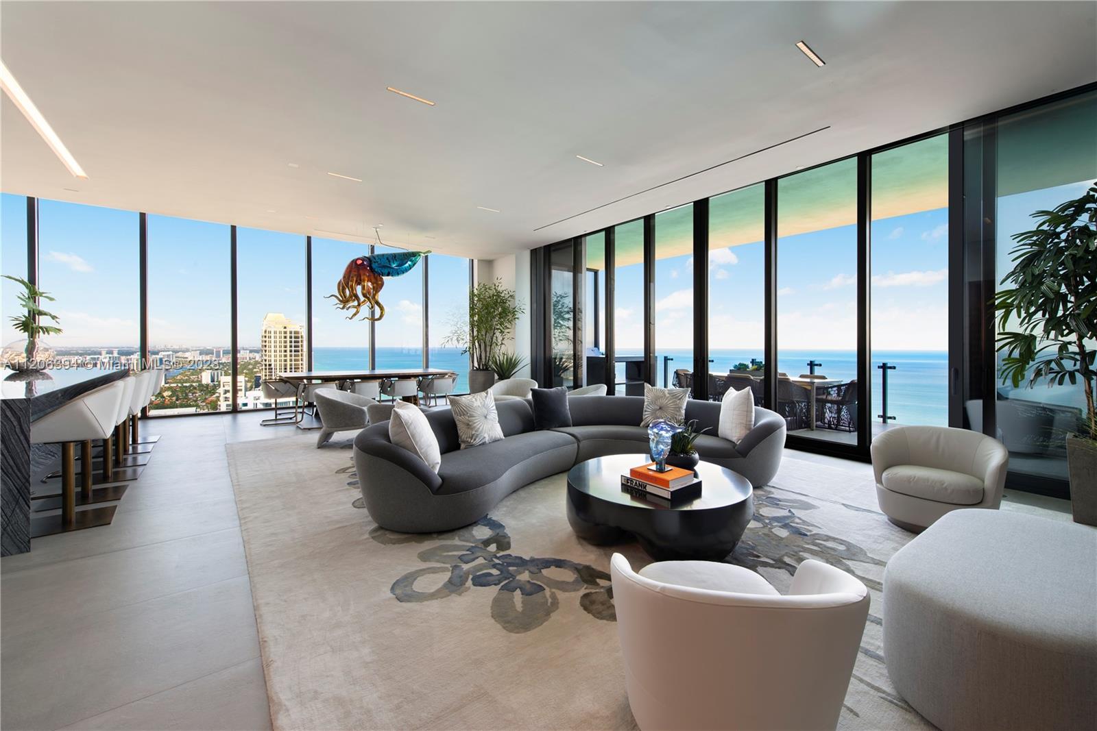 REDUCED PRICE SUNNY ISLES RESIDENCE TURNKEY Custom Designed & artfully crafted this 60' foot wide, full floor 5 bedroom 5 & 1/2 baths condo redefines expectations! Contemporary interiors are thoughtful, functional, fuse art & technology with iHome media systems. A 165" planar wall movie screen, private elevator with biometric security, 12 foot ceilings showcase multi slide stacking walls of glass that let you extend your interior spaces to blend with the expansive terraces that are up to 36' feet wide, offer summer kitchens & stunning views of the Ocean, Bay & city skyline as far as the eye can see. Muse offers an infinity oceanfront pool, Spa & Fitness center, resort style beachfront services, Cafe/restaurant, automated parking system with valet, unparalleled security, concierge services.