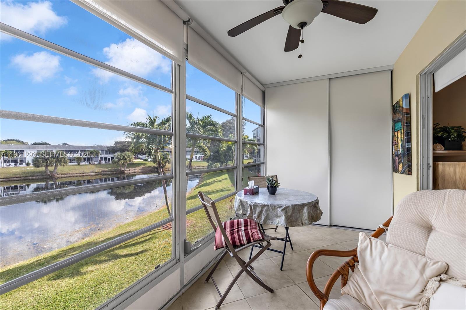Wow this is the view you have been waiting for .This 1 bed 1 and 1 half bath condo is all ready for you to move right into.Newer air-conditioning,newer Hot water Tank, new kitchen counter tops,,new powder room, updated master bathroom, newer tile and fully furnished . Enjoy your all day Florida room views or just walk out your door to the pool ,Tennis court, or head over to the 5 Star world Class Clubhouse with Fitness and exercise center, Art, Ceramic ,woodwork , Dance  music and hobby rooms and over 70 clubs to join . Bus stop just outside , movies shows , just about everything you can possibly want .Quality shopping , Fine dining all close by. Do not miss this one , seller is waiting for your offer