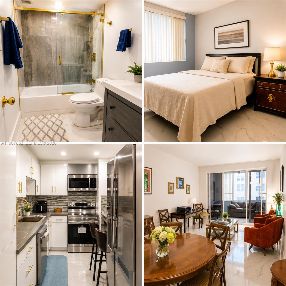 Experience refined coastal living in this beautifully renovated modern apartment just moments from the beach. Fully furnished 1bd/1bath Unit. Enclosed balcony with impact windows. This bright and elegant residence features sleek marble-style flooring throughout, an abundance of natural light, and thoughtfully updated interiors designed for both comfort and style.

The contemporary kitchen showcases ss appliances, custom cabinetry with gold accents, quartz-style countertops, and a sophisticated backsplash that creates a clean, upscale feel. Spacious living and dining areas offer a warm, inviting atmosphere with stylish furnishings, ideal for relaxing or entertaining guests. The bedroom provides a serene retreat with soft neutral tones, and a calming ambiance, while the spa-inspired bathroom features premium fixtures, a glass-enclosed shower with gold hardware, and modern designer details. Large windows throughout the apartment capture beautiful natural light and partial ocean views. Perfect as a primary residence, vacation getaway, or investment opportunity, this property combines modern luxury with effortless beachside charm.  Resort Style amenities Heated pool and jacuzzi. Beachside gym, shabbat elevator, valet service, 24h front desk, BB area, library, pool table. Direct ocean access. 1 Assigned parking space. Maintenance cover amenities, cable tv/internet, water
Move-in-ready home that perfectly blends comfort, style, and seaside living.