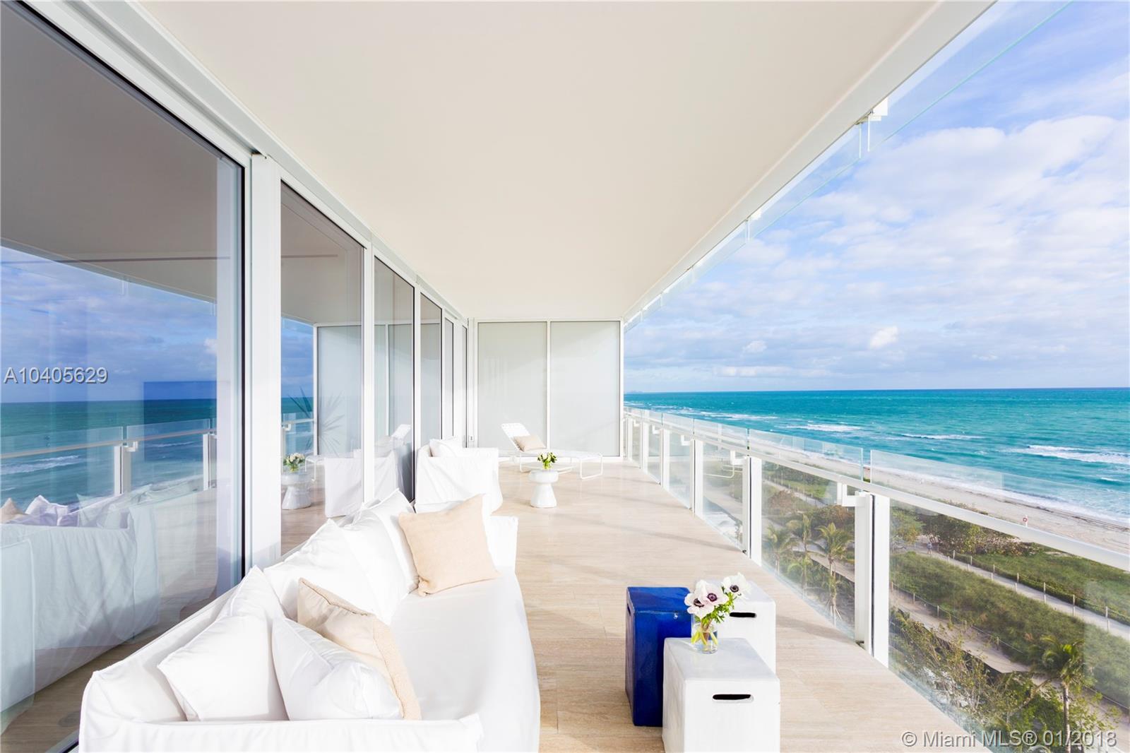 Oceanfront corner residence at Surf Club featuring an expansive glass terrace & open floor plan with floor to ceiling windows. Private elevator, foyer, master bedroom & living room with direct water & sunrise views, gourmet kitchen featuring Miele white lacquer designed Boffi cabinetry, gas stove & Subzero applicances.The bathrooms are honed white thassos marble, frameless doors with concealed hinges, zoned AC, linear diffusers, laundry room with storage, & two bedrooms have partial water/ city & sunset views. Owner has adjacent Unit 717-N can be combined 5 BR $12.998M/ $40K rent 6,794 SF AC. Brand new unit. Staged furnished/closets add $165K to price. Listed for rent $23,000 month. FIRM PRICE FULL PRICE. Recently reduced 12% down from $7.95M. Owner paid $7.5 M + paid 1.75 developer fee.