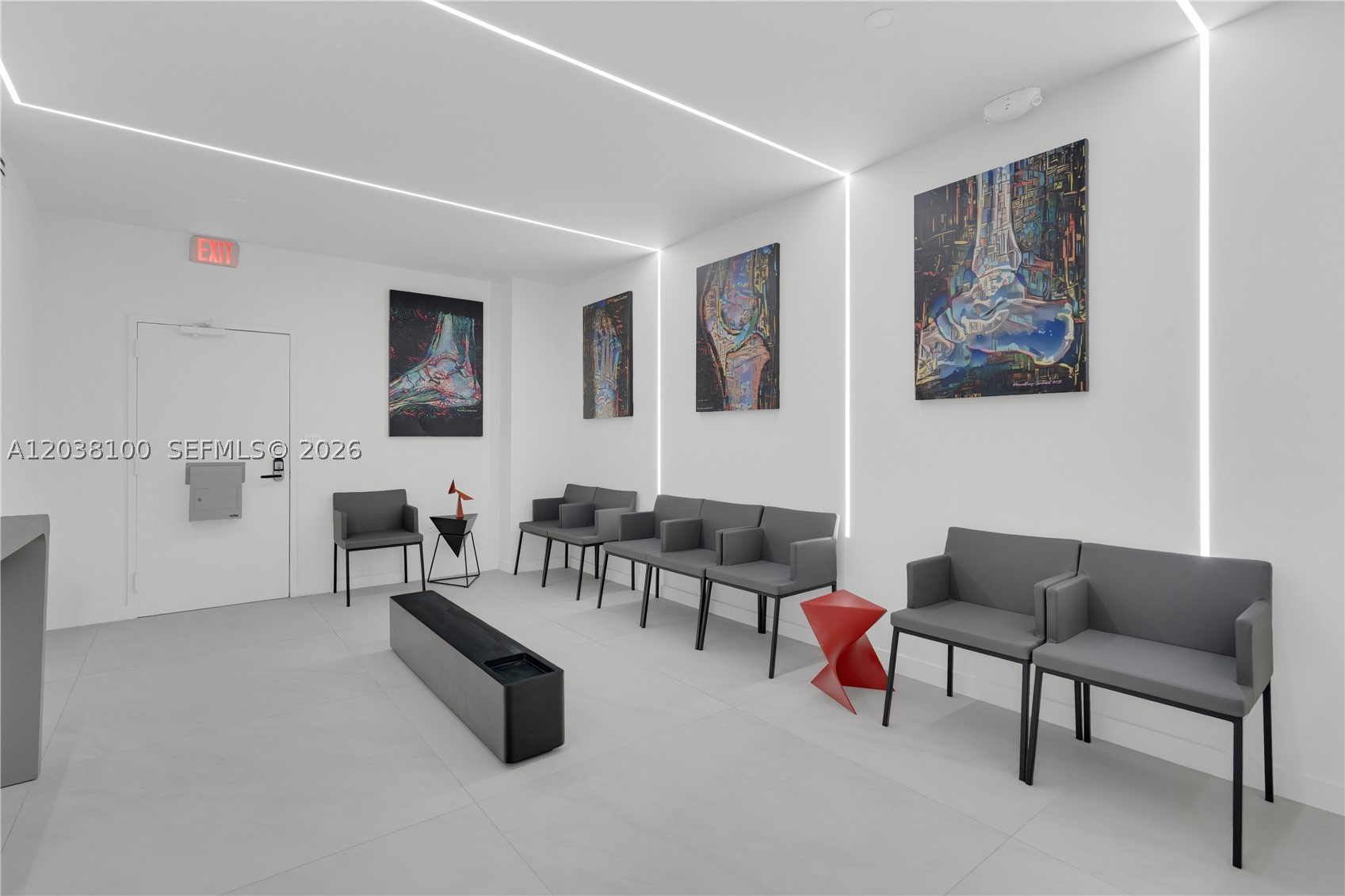 Luxury medical office suite in North Miami Beach, Florida, offered fully furnished with procedure chairs and premium medical office furnishings. Features custom glass-wall exam rooms, designer lighting, an elegant marble reception area with marble countertops and custom cabinetry, and high-end tile flooring throughout.
The suite includes 7 total rooms, including 6 procedure rooms, 2 bathrooms and 1 storage room. This sophisticated, turnkey space is ideal for cosmetic surgery, aesthetics, dermatology, med spa, wellness, or specialty healthcare practices seeking a modern, upscale environment.