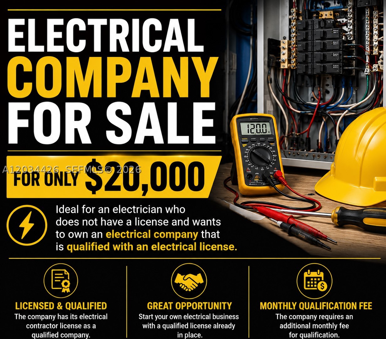 ***Established Florida electrical contracting company for sale. Sale includes company name, branding, business entity, website, domain, phone number, and operational infrastructure. The company is currently qualified by a licensed electrical contractor who has expressed willingness to continue qualifying the company for a qualified buyer, subject to separate agreement with monthly qualifying fee and regulatory approval. Ideal opportunity for an electrician without license seeking an established electrical contracting business platform. Sale does not include accounts receivable, equipment, vehicles, or customer book of business. Buyer must independently verify all licensing, qualification, and regulatory requirements with DBPR.