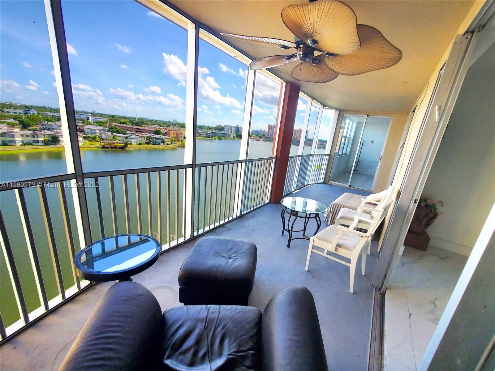 This spacious 2 bedroom, 2 bathroom apartment is in the highly sought Jade Winds in Aventura. Located on the corner of the top floor (8th) facing the lake delivers daily spectacular views. Enjoy a breath of fresh air from the very large screened balcony or perhaps a coffee on the private balcony connected to the kitchen. This oversized apartment measures 1,630 square feet making the rooms very spacious. It's ready to move in with porcelain floors throughout, pet friendly and 24/7 security.