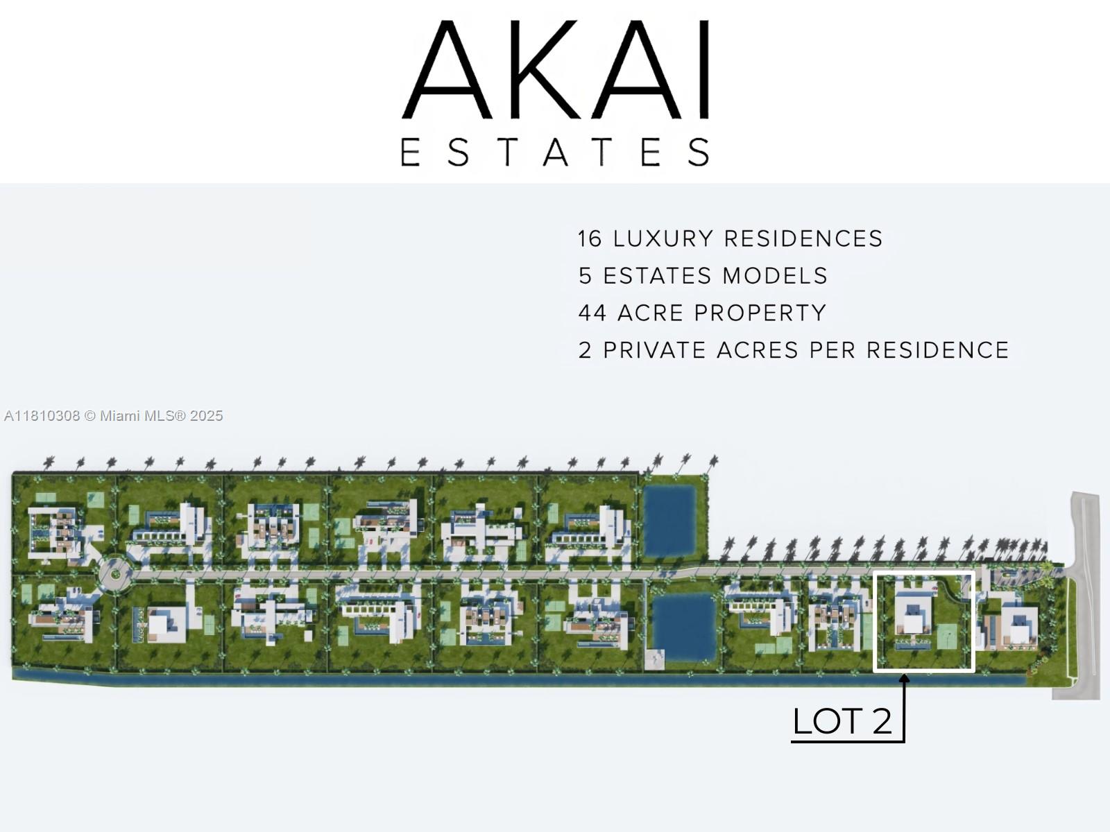 This 2 Acre Lot is located in an unrivaled location within the prestigious AKAI Estates Development, comprised of 44 tropical Acres. Residence and guests are greeted with a Staffed Security Guard 24/7.  Once inside, lakes and fountains shimmer in the sunlight, and provide a Royal Palm Tree lined road leading towards your Residence that includes a proposed private community Helipad and  two Putting Greens.  AKAI Estates is a boutique community with only 16 Luxury Estates.  Every Estate comes with its own Aquatic Center.   Several amenities upgrade options, such as tennis courts, pickleball court, putting green and outdoor and/or indoor basketball courts.  Sale of this exceptional lot is subject to building an  Akai Estates Model designed by Internationally Acclaimed, Architect Vasco Vieira.