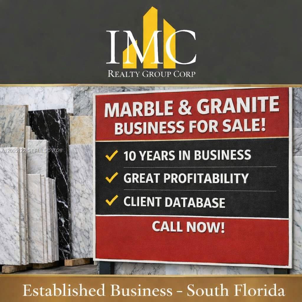 Business For Sale-Well-established and highly profitable marble and granite retail and Wholesale company with 10 years in business and a solid, loyal client base. Fully equipped for in-house fabrication, supported by a skilled team of 14 employees. The company services a wide range of account clients, including builders, general contractors, cabinet dealers, millwork shops, and designers. The business operates from a great location with over 3 years remaining on the lease and an option to renew, offering stability and room for continued growth. This is an excellent opportunity for a qualified buyer looking to acquire a turnkey, reputable, and income-producing operation in the stone industry. Information herein is believed to be accurate, but it's not guaranteed, should be independently verified for accuracy, and may be changed without notice.