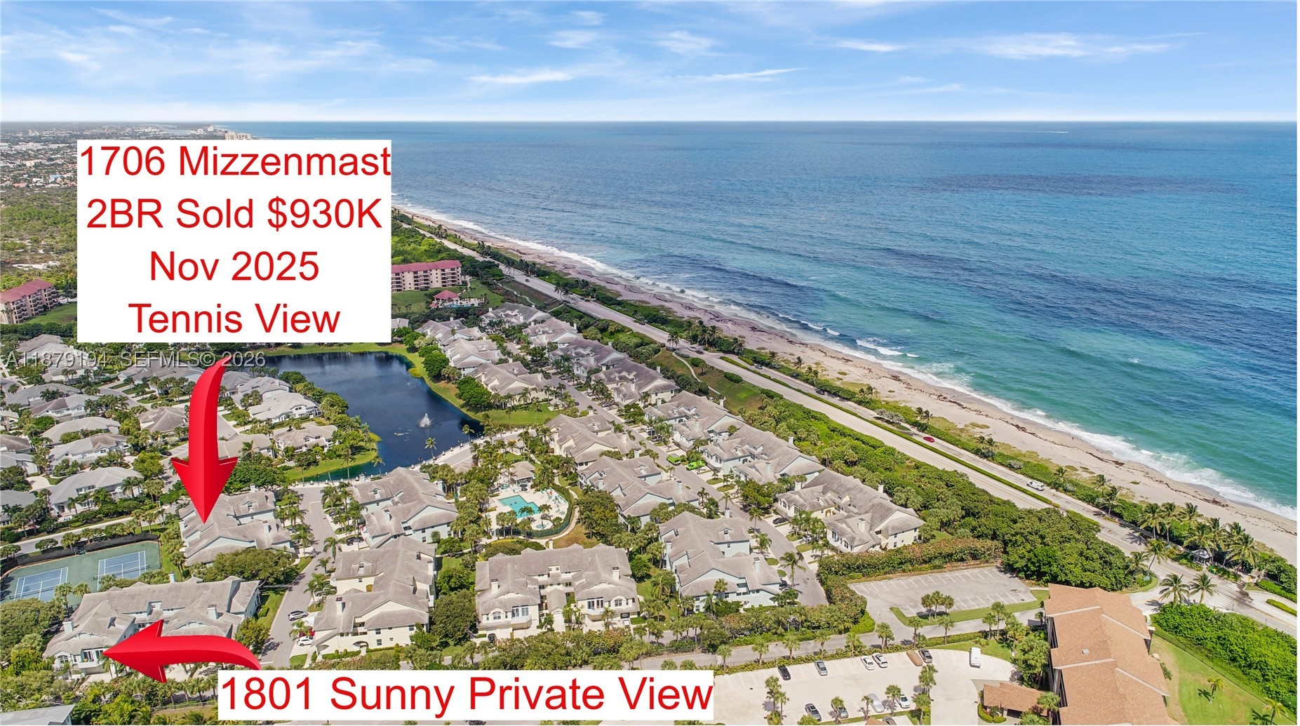 A 2BR with a view of the tennis courts sold in Nov 2025 for $930K & this one has a sunny private south view.  SIRS & MILESTONE ENGINEERING REPORTS COMPLETED.   New Roof in 2024.  Pet friendly community with a path to the pet friendly beach.  FULLY RENOVATED townhouse with porcelain wood look floors, quartzite counters, PGT hurricane impact windows/doors, new ceiling fans, both baths remodeled, wood burning fireplace, 17 foot ceilings, +++.  Only the Avignon has 2 SETS OF EXTRA TALL SLIDING DOORS.  1 car garage & plenty parking spaces next to the unit. Living space starts on 2nd floor & there is a staircase. Beautiful pool is only a few years old, plus  a gym & outdoor social / party area.  24hr manned gate.  2 pets are allowed with NO weight limit (beach is pet friendly too).  No lease 1st year.  EZ to add loft sliding panels for privacy for $1,000 on Wayfair