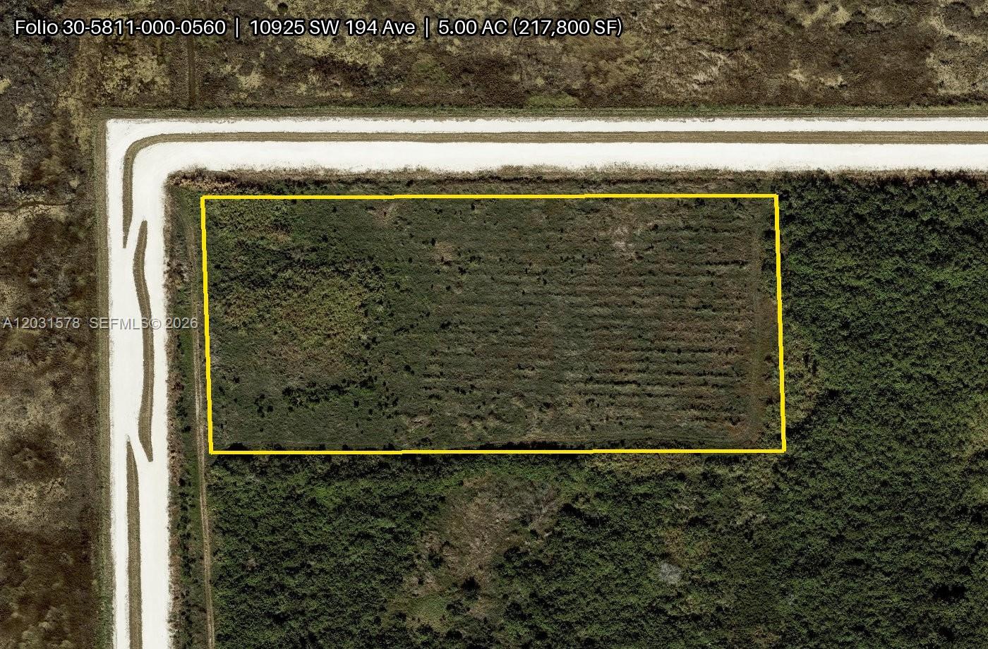 5 acres (217,800 SF) of vacant land in unincorporated southwest Miami-Dade on SW 194 Avenue near SW 109th Street. Approx. 330' x 660' rectangular parcel with frontage on a gravel/limerock road. Zoned GU (Interim), located outside the Urban Development Boundary in an environmentally protected area — a land-bank/investment opportunity for buyers seeking long-term acreage in the path of West Kendall. No utilities on site; well and septic required. Buyer and buyer's agent to verify zoning, permitted uses, legal access, and environmental restrictions with Miami-Dade County RER. Sold as-is.