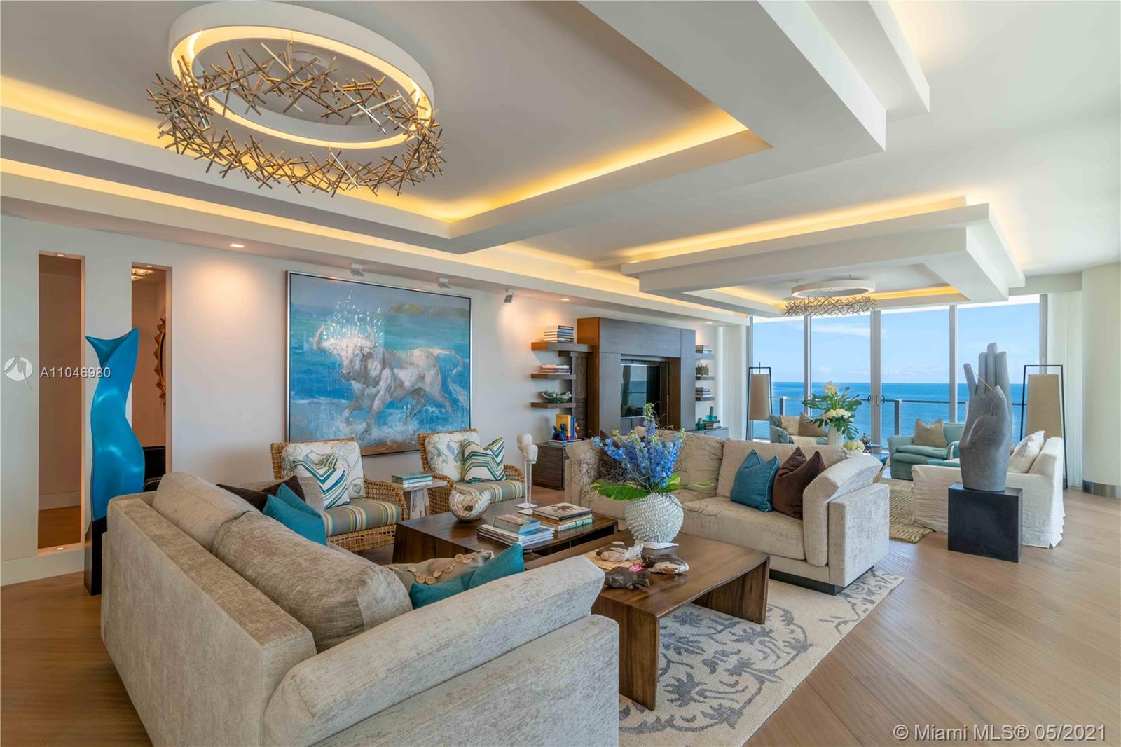 Direct ocean and bay views from this oversized home on the ocean. SE corner residence with 3791 interior sq ft and 2070 wraparound terrace. This sunlit condo with direct ocean views has been custom designed with finishes from all over the world. Crestron system controls lighting, music and shades. Snaidero and quartz kitchen, marble bathrooms with upgraded cabinetry. Floors are European white oak, Marble “Vena Grigio Honed” and Mosa black honed Mosaic Stone. All doors, door trims and hinges customer designed. Furniture and interiors designed by Santiago Bernal Design. Amenities include: Private beach, pools, Gym and spa, concierge, valet,. Includes 4 parking spots and a spot for golf cart. Oceana KB is the newest most luxurious full service building in Key Biscayne.