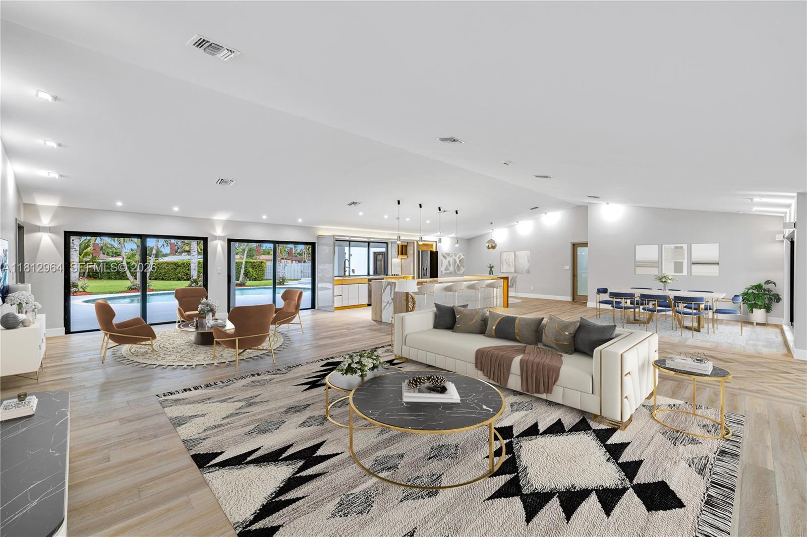 Experience elevated living in this exquisitely reimagined 4-bedroom plus den, 3-bath estate. Meticulously remastered, this sophisticated residence blends modern elegance with timeless comfort. Discover an expansive open floor plan adorned with rich ceramic flooring, & bathed in natural light. The gourmet kitchen is a true showpiece, featuring custom ambient lighting that sets the tone for both intimate dinners and entertaining. The oversized primary suite is your private escape, offering space and tranquility. Every essential has been upgraded — brand new metal roof, electrical, plumbing,AC, and septic- ensuring peace of mind. Enjoy your oversized lot with a resort style pool. Perfectly curated for the discerning buyer, this home radiates upscale charm, & effortless functionality.