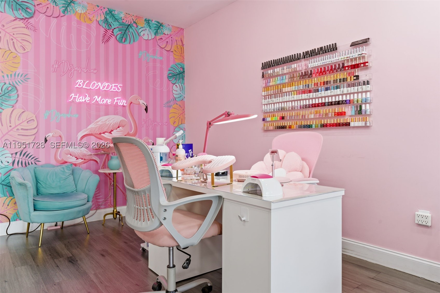 This beauty hair salon is in the heart W Hialeah, beautiful finishes, every details well thought out, custom furniture from DIR Salon. Separate room for lashes, eyebrows, hair removal, or make it an office. 6 hairdressers chairs with standing mirror table. Reception area suited with apple monitor. Everything was renovated and made to tailor professional fashioned top of industry hair stylist. Towards the back you'll have 2 hair washing chairs, very comfortable to fit the need of your customer, picture/selfie area, kitchen, coffee expressor machine, and a stunning renovated bathroom. The sale will include the name, furniture, inventory, bring in offer and we work the terms.