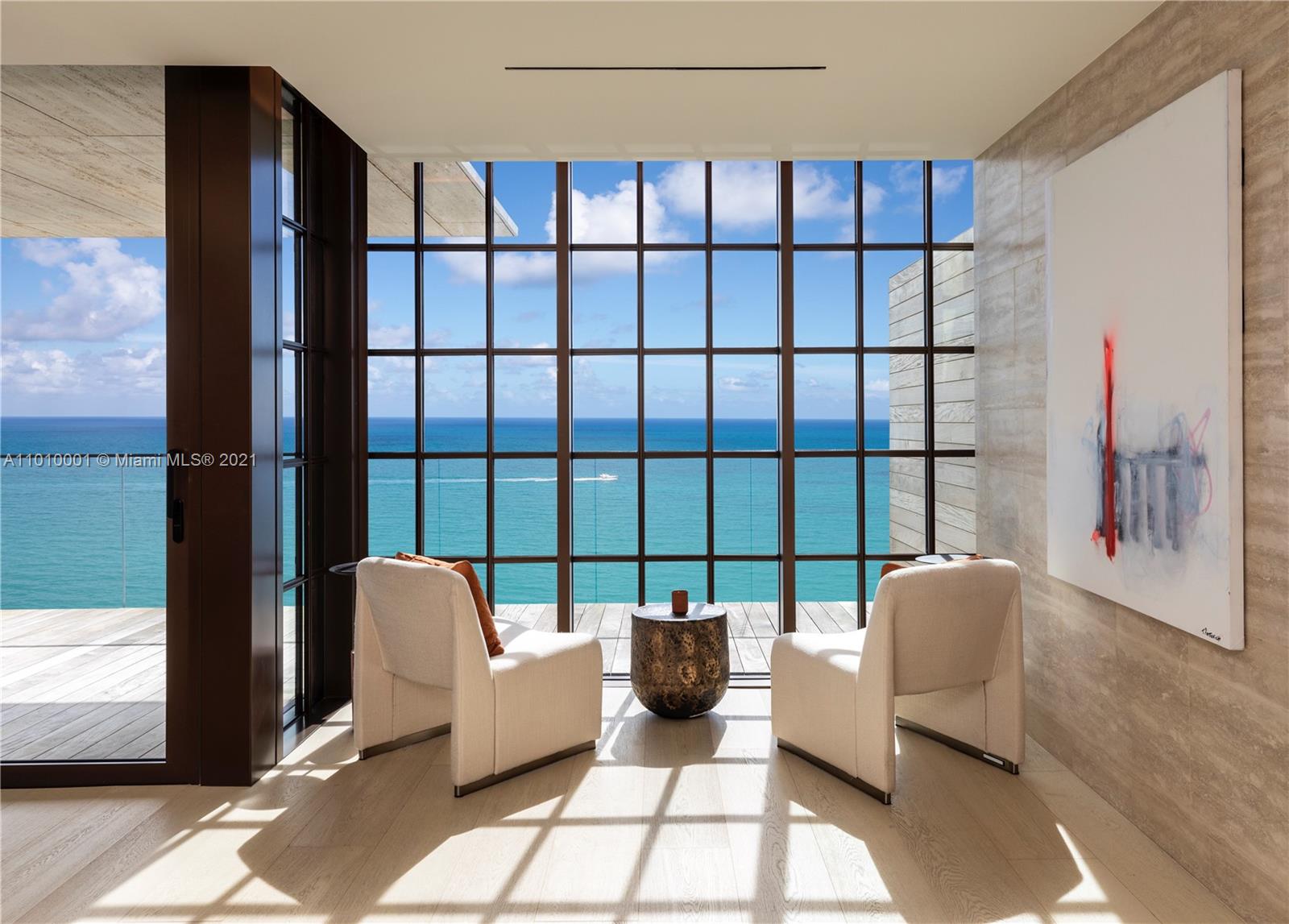 Arte, a boutique collection of 16 oceanfront residences by Citterio & Viel in collaboration with Kobi Karp. Arte features exquisitely finished, flow-through residences, boast gracious living areas and expansive wraparound terraces with direct ocean and sunset views. Residences feature private elevator finger recognition entry, gas stoves, and temperature-controlled parking. Full service building with rooftop tennis court, outdoor and heated indoor pools, children's play room and direct beach access. Residence designed by Vesta Furniture offering Immediate occupancy. *Price with furnishings is $12.55M.  Residence offers 3126 SF interior with deep expansive terrace of 2158 SF Exterior