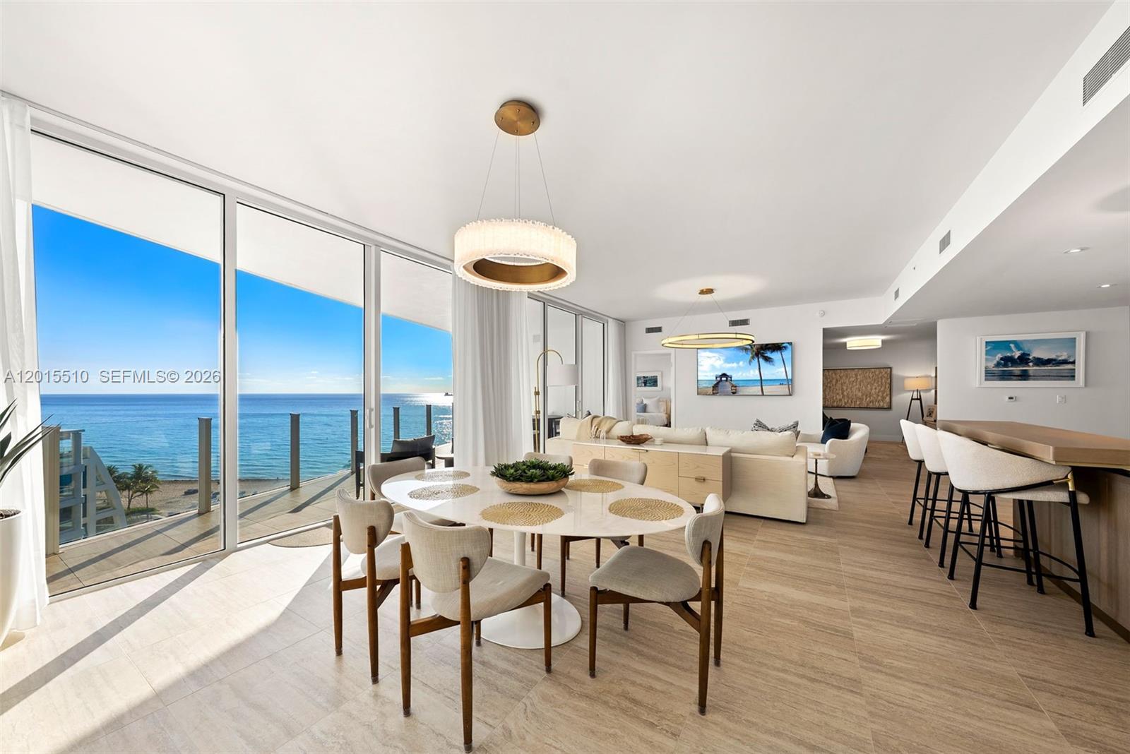 Two bed + den, three full bath residence at Four Seasons Private Residences Fort Lauderdale, one of only 41 private residences with a dedicated residents-only entrance & legendary Four Seasons service. Offered fully turnkey with curated artwork, designer furnishing and exceptional interiors by renowned designer, Michael Beamish. Dramatic northeast ocean views fill every major room through walls of floor-to-ceiling glass, creating a seamless connection to the Atlantic and the shoreline. Gourmet kitchen features sleek European lacquered cabinetry and premium Sub-Zero & Wolf appliances. Thoughtful split-bedroom layout offers privacy for owners and guests, including an en-suite guest retreat and abundant closet space. Expansive terraces invite indoor-outdoor living from sunrise mornings to beautifully lit coastal evenings.
Residents enjoy resort-inspired amenities including private beach service, two oceanfront pools with cabanas, full-service spa, state-of-the-art fitness center, 24-hour concierge, valet, in-residence dining and housekeeping services available. Two deeded self-parking or valet spaces plus an additional valet space included. Acclaimed on-site dining includes Michelin-recognized MAASS by Chef Ryan Ratino, Evelyn’s offers Mediterranean waterfront dining, and Honey Fitz - an inviting lobby lounge café. Ideally positioned near the boutiques, cafés and charm of North Beach Village, where resort living meets the privacy of an exclusive residential enclave.