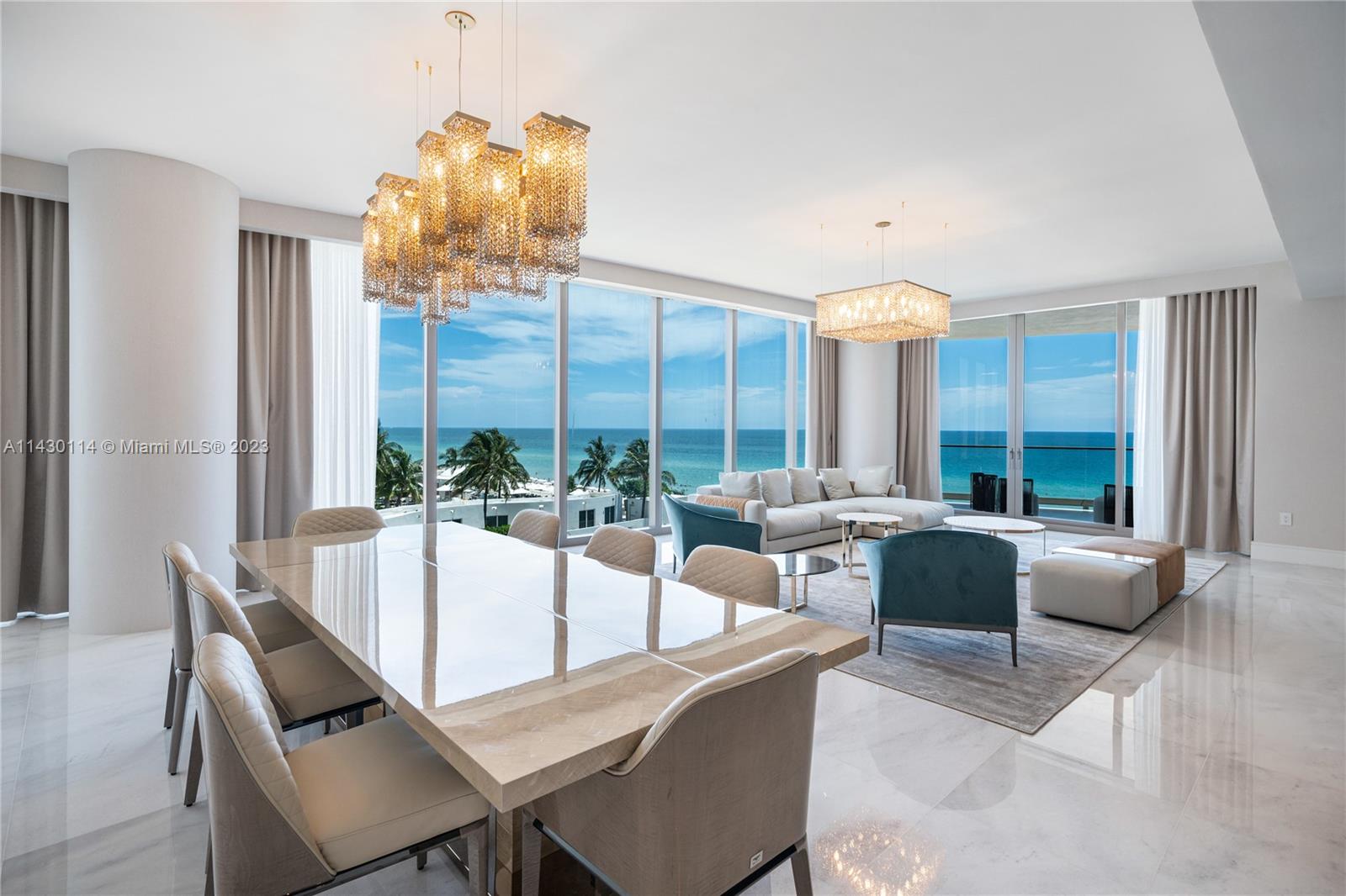 Absolutely stunning unit at the new North Tower of the Estates at Acqualina. Never been lived in unit fully furnished by Bentley and Fendi Furniture, silverware, etc. Completely turn-key ready to move in. Enjoy sunrise views from your beach front balcony and sunset views from your west-facing balcony including sauna and outdoor summer kitchen. This 4 bedroom plus staff quarters is the ultimate in luxury living. Large open kitchen with La Cornue gas stove and Miele appliances including a pizza oven. Available to move in ASAP.