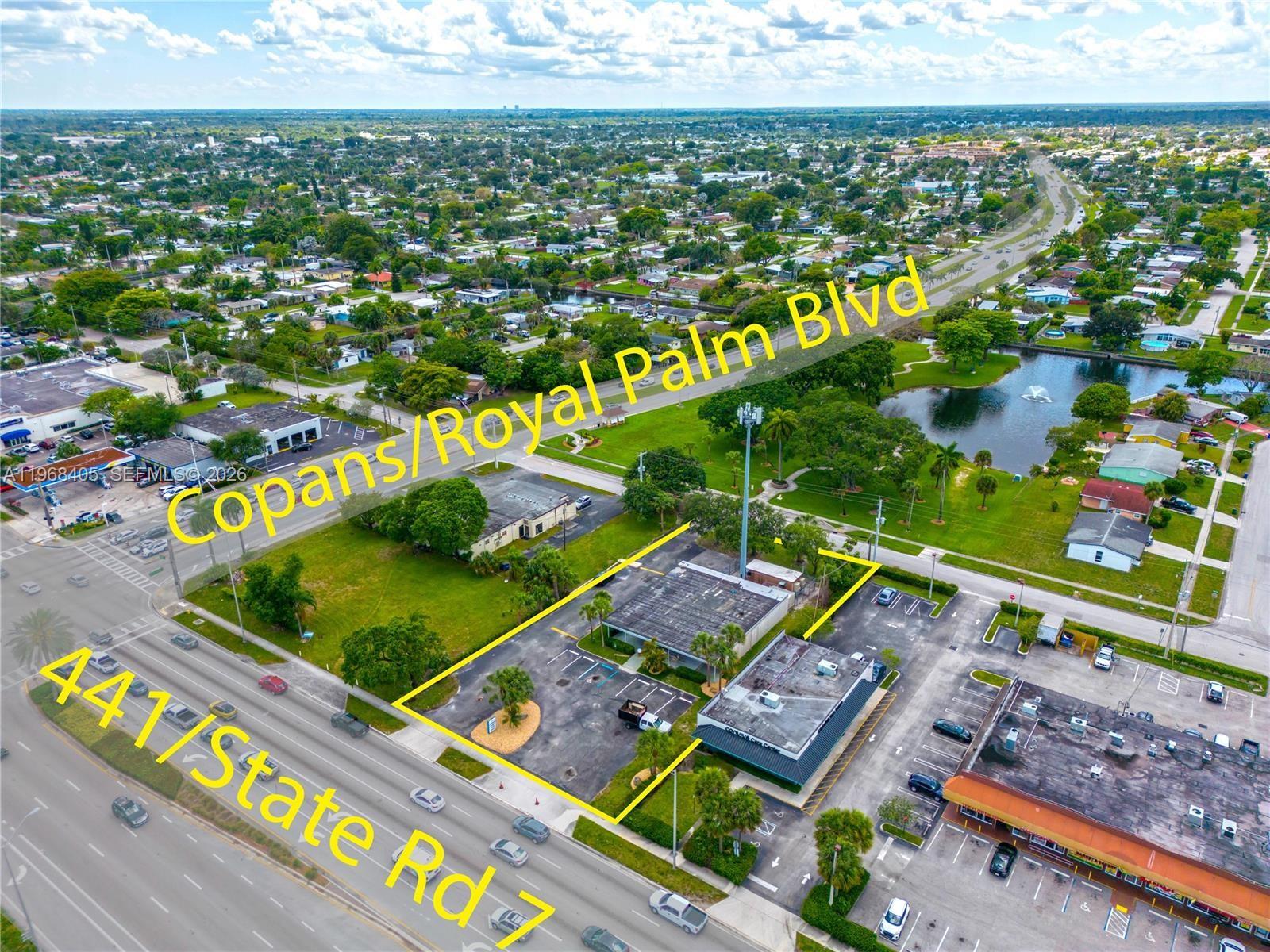 Location, Location!! Spacious free standing Commercial Building On A 25,489 sf+/- Lot (Over ½ Acre) Located Directly On 441 (State Road 7). Prime Location With A High Traffic Count. Owner Would Consider renting or owner Financing with 40-50 Percent Down, Property has Great Potential for Various Types Of Businesses Such As Office, Restaurant, Medical Office Or Retail Location. Flat Roof replaced in 2022,  Ac  was replaced 2023. Tower in the back is owned by American Tower Asset Sub, LLC. Etc (Current Zoning TOC-C). This Is A Must See!