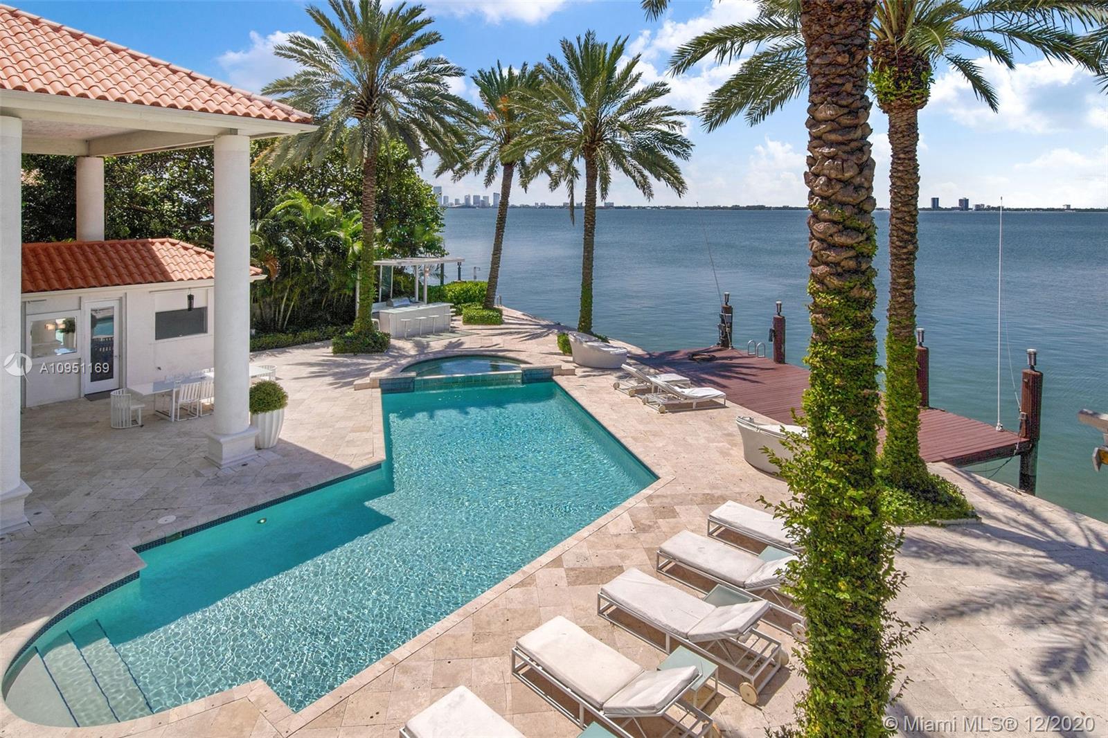 Waterfront mansion on prestigious N Bay Road with breathtaking wide bay views. Designed to be timeless and to maximize the incredible views. The grand entrance features a Chicago brick circular gated driveway with a 2 car garage. This estate features, 7 BR, 7.5 BA, with  22FT high ceilings in the living area and family room, open floor concept, formal dining room, & a full wet bar. The luxurious ground floor master bedroom overlooks Biscayne Bay and includes dual walk-in closets & a spacious master bathroom. Marble floors downstairs & Brazilian cherry wood upstairs. In addition, the estate offers a home office & housekeeper’s quarters. Enjoy the Miami Beach lifestyle with stunning outdoor areas, a pool, spa, outdoor kitchen & private dock. Don't miss this unique opportunity on N Bay Road.