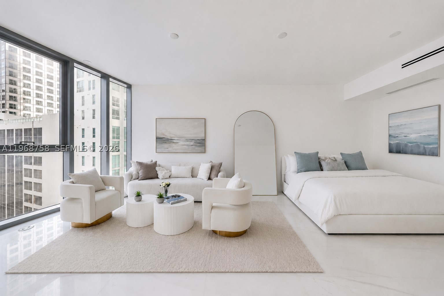 Turn-key furnished studio residence at the iconic Aston Martin Residences in the heart of Downtown Miami. This elegant home features Thassos marble flooring and a sleek Bulthaup kitchen with premium Gaggenau appliances. Floor-to-ceiling impact glass showcases stunning city and skyline views, filling the space with natural light. Residents enjoy over 40,000 SF of world-class amenities including a sky-level infinity pool with private cabanas, full-service spa, state-of-the-art fitness center, private cinemas, golf simulator, art gallery, Grand Salon, concierge, and valet services. Private car service for residents and access to their own private beach club in Bentley Beach on South Beach.