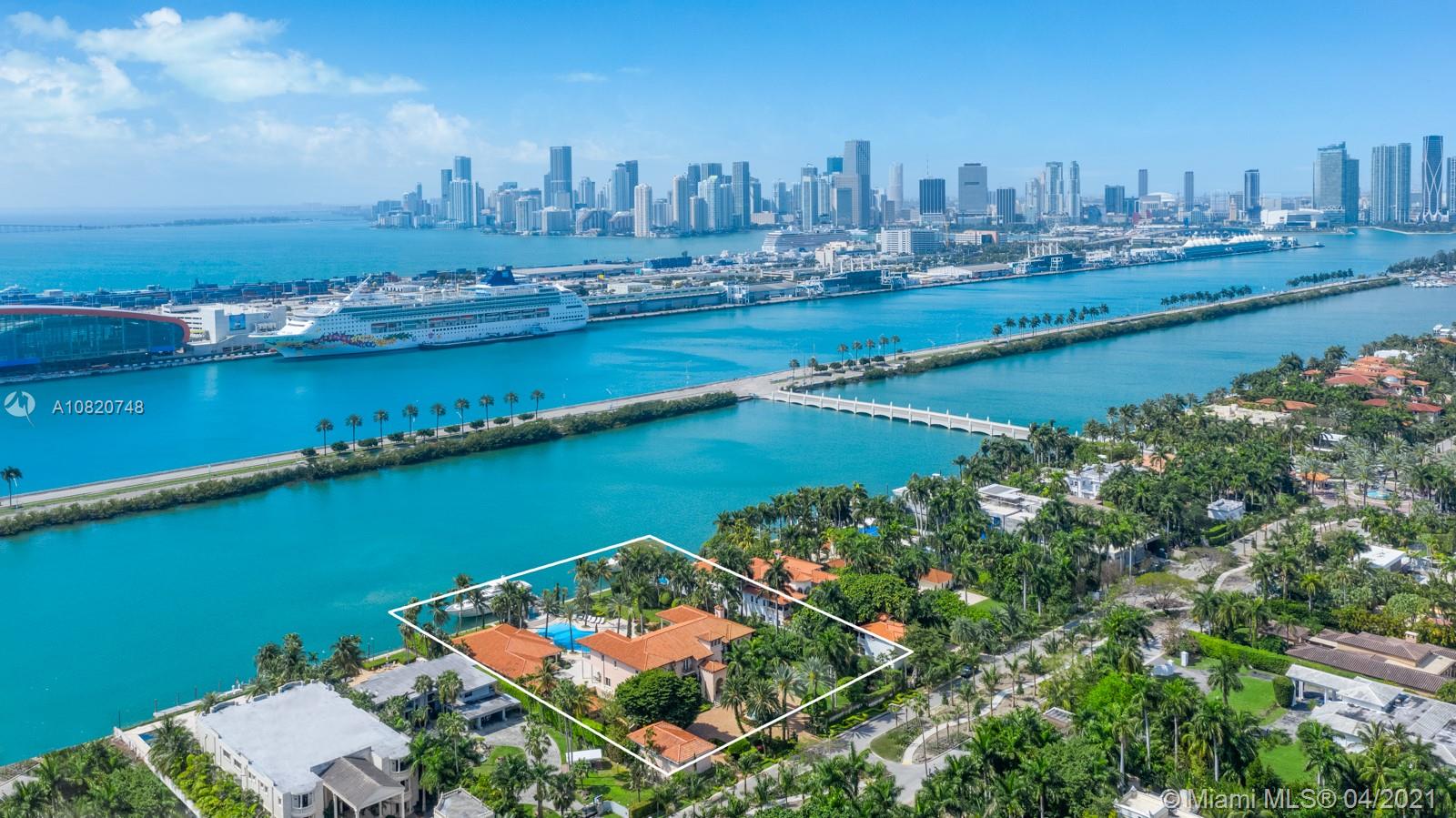 A remarkable palatial waterfront estate located on the estate section side of guard gated, Palm Island.  This property sits on 2, 30K SF lots for a combined 1.5 acres and 200 feet of waterfront.  A boater's dream!  The property boasts 14,000 SF. The main house is 6 beds, 7.5 baths with home theater, chef’s gourmet kitchen & formal dining room.  A 4 car garage with a 2 bedroom apartment sits above.  Separate pool house, perfect for entertaining with an onyx bar, steam showers, his and her cabanas, and full gym.  Offering the best of the sophisticated indoor and outdoor lifestyle enjoy spectacular vistas of cruise ships, Biscayne Bay, and Miami's gorgeous skyline.