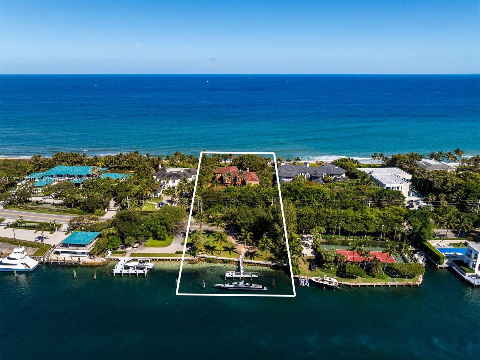 Welcome to 1091 Hillsboro Mile, a grand ocean-to-Intracoastal estate offering 125’ of pristine ocean frontage and 130’ of no-wake Intracoastal dockage. This is an opportunity to acquire a generational family compound that feels like your own private beach resort. Situated on 1.35 acres along Hillsboro Mile’s prestigious stretch of oceanfront estate homes, the 10,000+ SF mansion features 6 beds, 6.5 baths, elegant living spaces & entertainment areas with breathtaking views of Florida’s pristine Atlantic waters. The expansive outdoor area boasts a gorgeous patio, summer kitchen, fireplace, fountain, pool & pathway to your private beach.  For buyers seeking privacy,the property is located mid-island w/a gated entrance and within close to private airports, the Hillsboro Inlet & service marina.