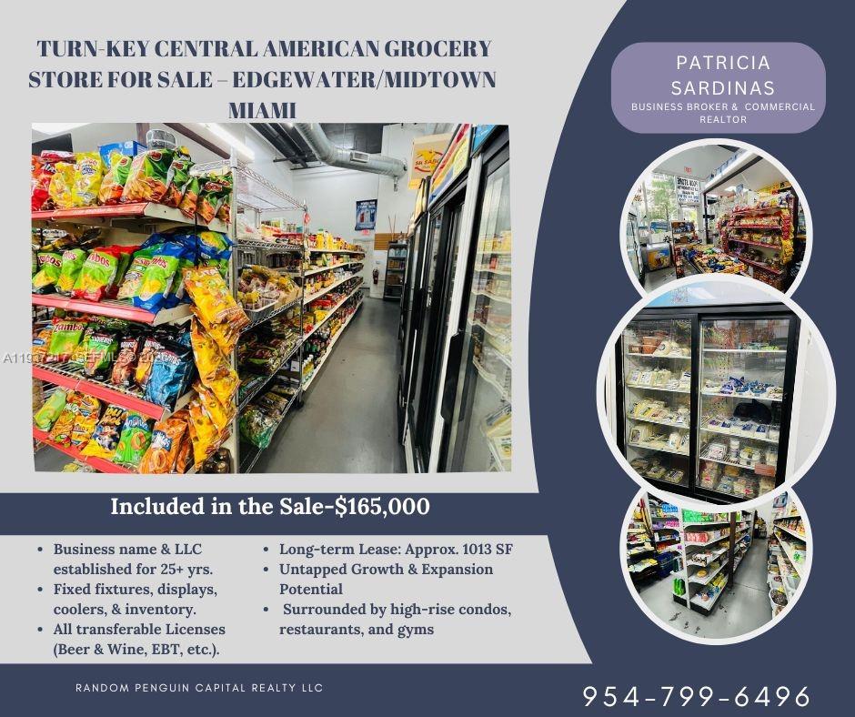 urnkey Central American grocery store for sale in the heart of Edgewater / Midtown Miami! Located at the base of Second Plaza, a luxury high-rise residential building, this established market offers steady walk-in traffic and community loyalty. Business includes Beer & Wine license, EBT authorization, fixtures, inventory, and is being sold with the LLC and brand name. No current online presence, delivery platforms, or remittance services – ideal for a new owner to scale quickly by adding Uber Eats, Instacart, Western Union, prepared foods, fresh produce, or cargo partnerships. Surrounded by booming residential growth, fitness centers, and restaurants. Heavy foot traffic, walkable location, and long lease available. Financials available upon request with NDA.