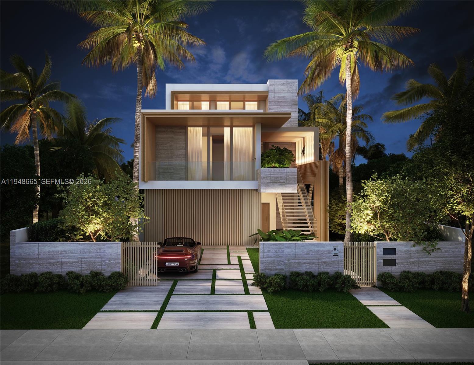 Brand-new waterfront architectural masterpiece under construction on exclusive, gated Palm Island. Designed by renowned architect Choeff Levy Fischman, this three-story modern estate with rooftop living is scheduled for completion in October 2026 and offers unobstructed Downtown Miami skyline views. Thoughtfully designed for seamless indoor-outdoor living, the home features expansive waterfront terraces, a resort-style pool with integrated waterfall, and a dramatic rooftop entertainment level ideal for hosting and relaxation. A private dock and brand-new seawall provide direct ocean access for boating and water activities. Interiors by Casa Bella Design showcase refined modern elegance with porcelain surfaces by Porcelanosa, luxury fixtures by Dornbracht, Waterworks, Axor, and Toto, a gourmet chef’s kitchen by Ornare, custom millwork, and bespoke closets throughout. The residence includes a fully automated smart-home system with Lutron lighting, enhancing comfort, security, and ambiance. Additional features include an enclosed two-car garage and dedicated space for motorbikes and bicycles. Palm Island is a 24-hour guard-gated community offering tennis and basketball courts, a children’s playground, and close proximity to Downtown Miami, South Beach, and Coconut Grove.