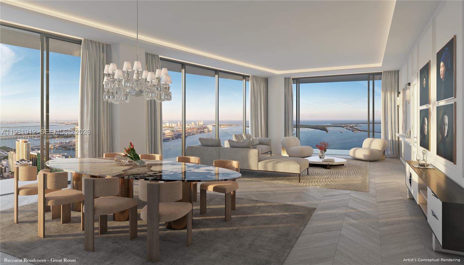 Experience the pinnacle of sophistication at Baccarat Residences Miami. This premium corner flow-through residence captures panoramic, unobstructed views of the Downtown Miami skyline, Biscayne Bay, and beyond—with sunrise on the east terrace and sunset on the west, bathing the home in natural light from every angle. Designed for the discerning buyer, this pre-construction residence features expansive deep terraces, 10 ft. ceilings, high-end European flooring, and luxury Italian cabinetry paired with a Sub-Zero and Wolf appliances. Residents enjoy access to Baccarat’s world-class amenities, including a private museum-style curated lounge, private marina, and an extraordinary bayfront pool deck,café, pet spa, hammam spa, movie theater, wine cellar& children's playroom. Completion Q1 2028.