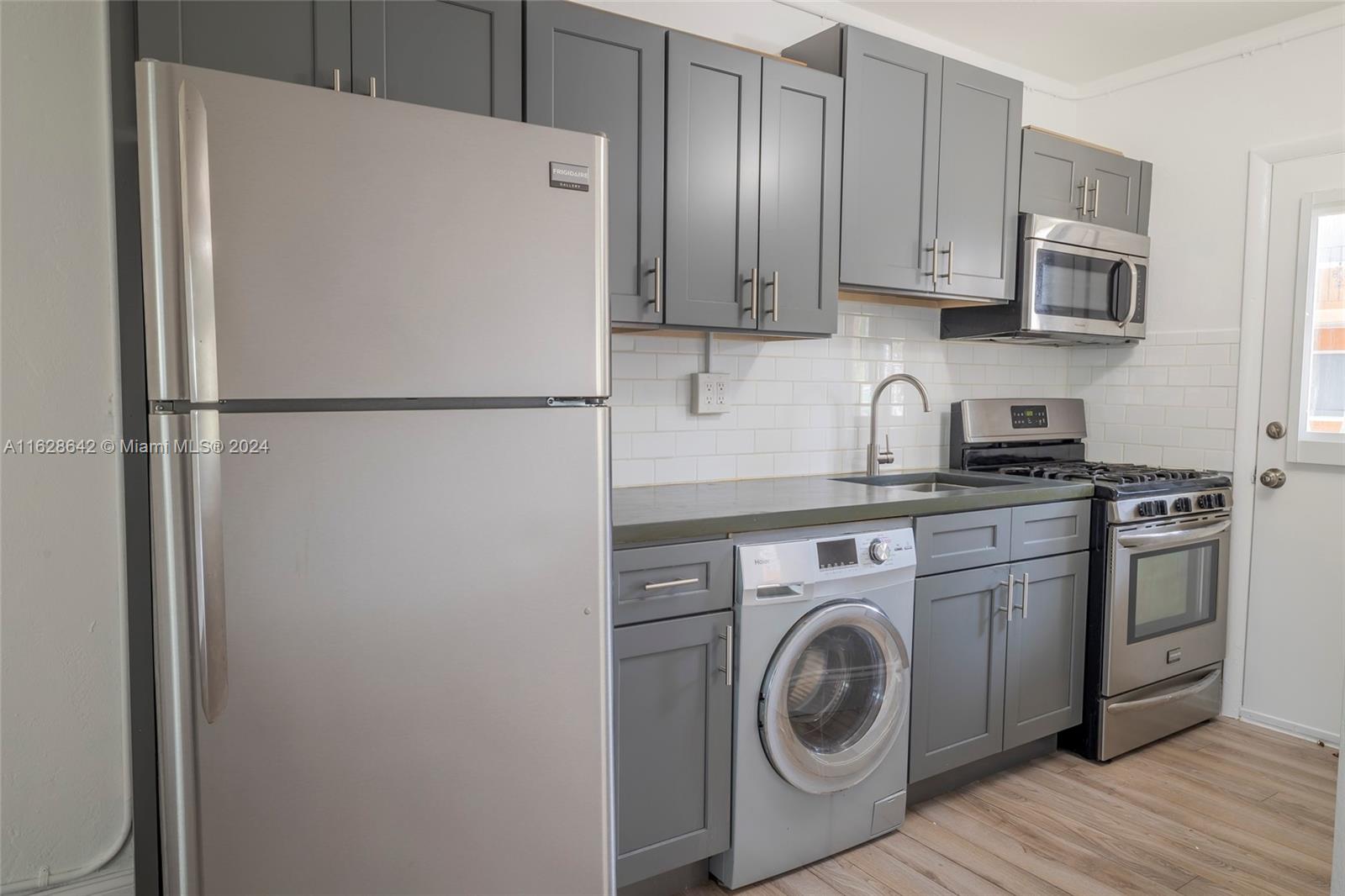 Modern 1- bed 1 bath unit in a lovely garden style condo east of US-1 in South Miami. First floor unit so no stairs to climb up and down. Recently renovated from top to bottom. Ceramic wood style floors, updated bathroom, and modern kitchen features such as subway tile backsplash, gas stove and butcher block countertop. Spacious walk-in closet and convenient washer/dryer in unit. The building is tucked away, very private and features a beautiful pool. Unit comes with one reserved parking spot and ample Guest parking. Fantastic location just minutes from Baptist Health, Sunset Place, the Metro, Dadeland Mall and the University of Miami.