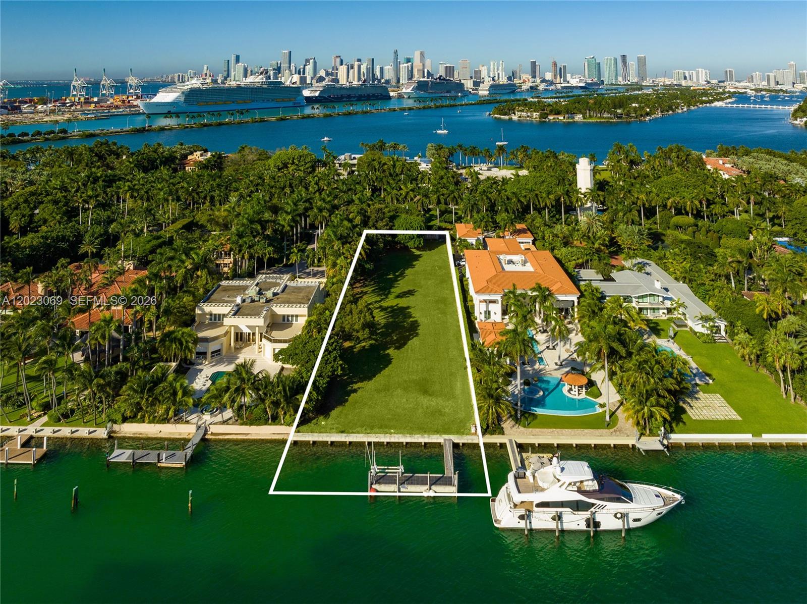 This spectacular vacant lot is located on world-famous, guard-gated Star Island and offers an extraordinary opportunity to build your dream waterfront estate in one of Miami Beach’s most prestigious enclaves. Set on a beautifully landscaped, estate-sized 40,000 SF lot, the property features 100 feet of sparkling waterfront and breathtaking unobstructed bay views.  A private dock provides direct access to Biscayne Bay and the Atlantic Ocean, creating the ultimate boater’s lifestyle. Perfectly positioned just minutes from South Beach, world-class dining, luxury shopping, Downtown Miami, cultural and sports venues, the Design District, Wynwood, and Miami International Airport. Rare opportunities like this are few and far between—don’t miss your chance to create a landmark waterfront residence on iconic Star Island. This is the ONLY vacant lot available on guard-gated Star Island. Don’t’ miss this opportunity.