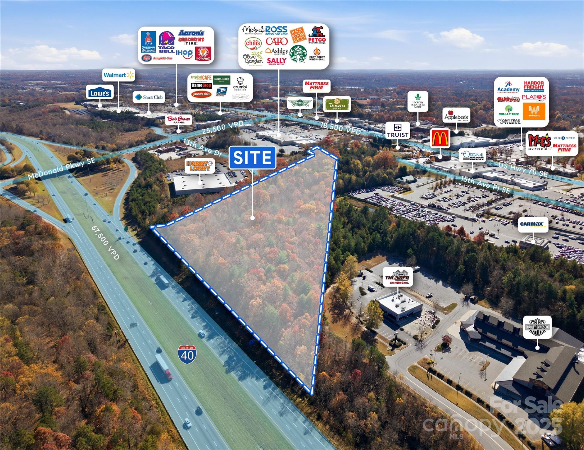 Premier +/- 11-acre development opportunity at 2151 21st Street Ln SE in Hickory, NC, ideally positioned in Catawba County’s thriving retail corridor. Zoned C-3, this parcel offers exceptional visibility from I-40 and sits just off heavily traveled Hwy 70, ensuring strong traffic counts and exposure.
The site is surrounded by major national retailers and established commercial destinations, located directly across from Valley Hills Mall and adjacent to the Hickory Metro Convention Center. With its placement in a highly developed, high-demand trade area, this property presents a prime opportunity for a wide range of commercial, hospitality, or mixed-use development.