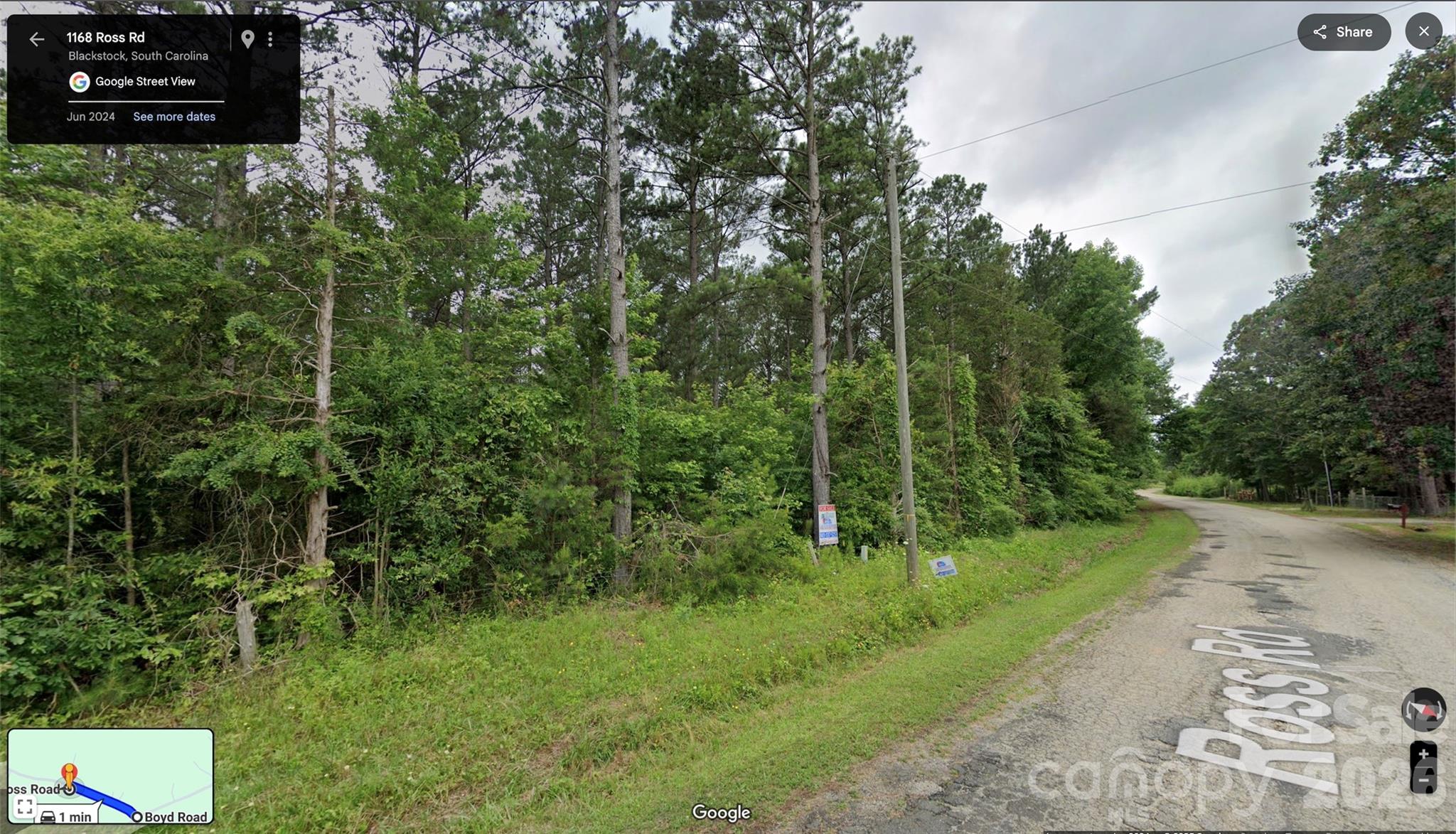 Flat, build-ready 6+ acre homesite with 355 feet of road frontage on Ross Road in Blackstock — approximately 7 miles southeast of downtown Chester and an easy commute via I-77 (Exit 55). The lot is wooded and has not been cleared, but the topography is flat throughout, making it well-suited for a private residence with minimal site preparation.
Acreage shows as 6.31 acres per GIS; the prior survey reflects 6.04 acres. Survey available upon request.
A major head start for the next buyer: this property already carries an approved 3-bedroom conventional septic permit that is transferable and valid through 1/22/2029. Duke Energy power lines run along Ross Road. No well has been drilled.
Permitted uses include single-family residential and manufactured homes (with standard regulations). When viewing from Ross Road, please note there is an adjacent ~42-foot strip of land that belongs to the ~10-acre parcel directly behind this property — it is not included in this sale.
Directions: I-77 South to Exit 55, west on Route 97 (Great Falls Highway) for 7.7 miles, left on Boyd Road for 0.4 miles, right on Ross Road for 0.2 miles. Property is on the left. GPS: 1168 Ross Rd, Blackstock, SC 29014.
Showings by appointment only — please do not walk the lot without an appointment.
