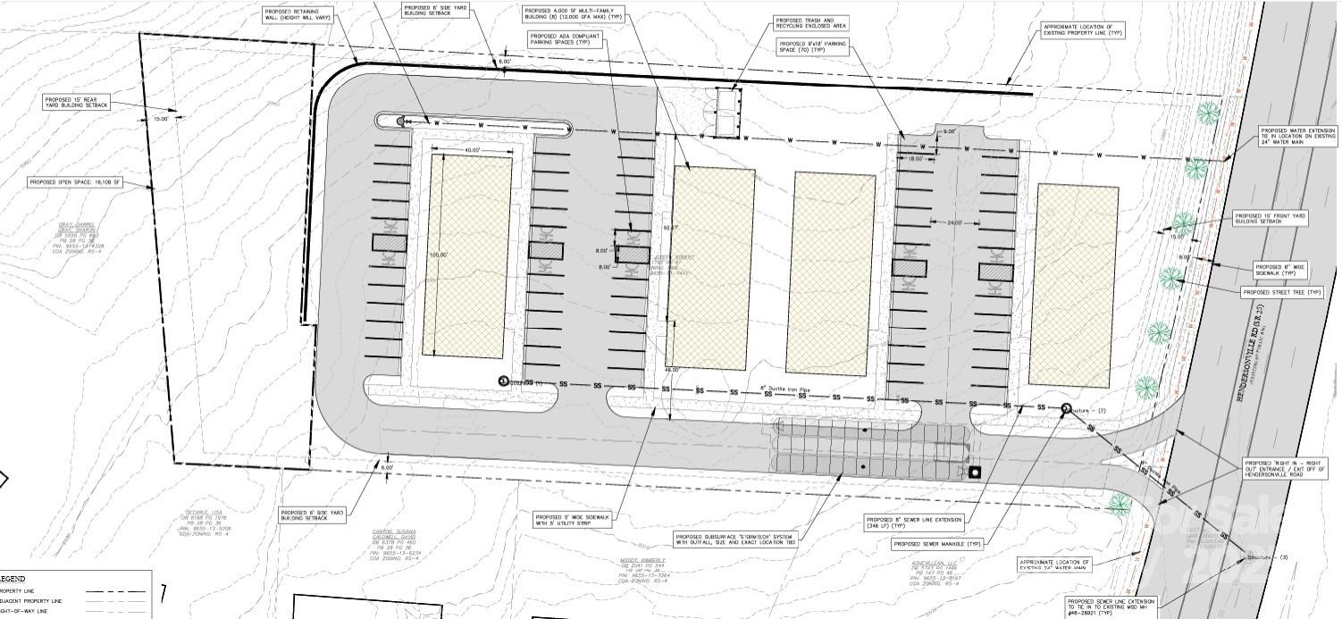 Prime Hendersonville Road development opportunity. 215 feet of frontage just south of Long Shoals Road. Curently zoned RM6 for low density multifamily. Zoning would allow up to 107 units, parking requirements would bring that to 70, see attatched site plan. This property sees an average of 33500 cars pass by daily. Sewer is just across Hendersonville Rd and water, power, and natural gas are readily available. Engineered site plan for a 2 unit medical complex is available, reach out to listing agent for details. Seller is related to listing agent.