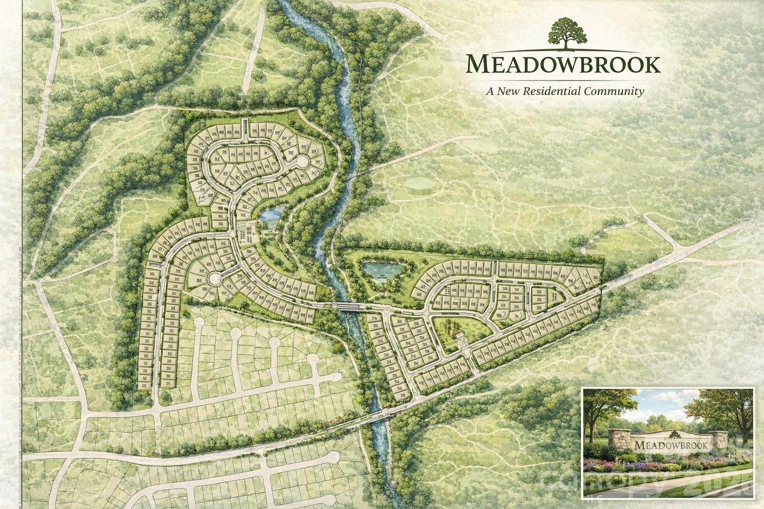 Meadowbrook is completing its full engineering as a master-planned residential community offering a flexible and scalable development program. The pictured plan features a proposed 234 thoughtfully designed single-family homesites, with the ability to accommodate alternative product mixes including alternate single-family configurations, townhomes, and duplex opportunities.

The community is carefully laid out with winding streets, cul-de-sacs, and a preserved natural stream corridor that runs through the center of the site, creating potential lot premiums and desirable green space adjacency. Surrounded by mature hardwoods and expansive buffers, Meadowbrook delivers the type of natural setting today’s buyers actively seek—while maintaining efficient infrastructure design and neighborhood connectivity.

Strategically located, Kings Mountain NC is experiencing substantial economic growth and employment expansion. Walmart has selected the area for a state-of-the-art fulfillment center, adding significant job creation and reinforcing the region’s expanding logistics and advanced manufacturing presence. Established employers such as Frito-Lay, Hanesbrands, Parker Hannifin, and major healthcare networks provide a diversified active workforce base as well.

The momentum continues with the development of the Catawba Two Kings Casino Resort, projected to drive tourism, hospitality growth, and sustained economic investment. Project Nexus, recently approved by Kings Mountain City Council, could bring up to 700 additional jobs to the market. Further strengthening the long-term outlook, Albemarle has also discussed plans to reopen the historic Kings Mountain lithium mine, positioning the region within the domestic battery and EV supply chain.

For builders and developers, Meadowbrook represents a rare opportunity to acquire a ready-to-execute community positioned within one of the Charlotte region’s fastest-growing employment corridors. The project combines strong market fundamentals, product flexibility, and premium natural features—creating multiple pathways for phased development and attractive return potential.

Meadowbrook offers scale, infrastructure readiness, and long-term growth alignment—and an investment positioned to grow alongside Kings Mountain’s expanding future.