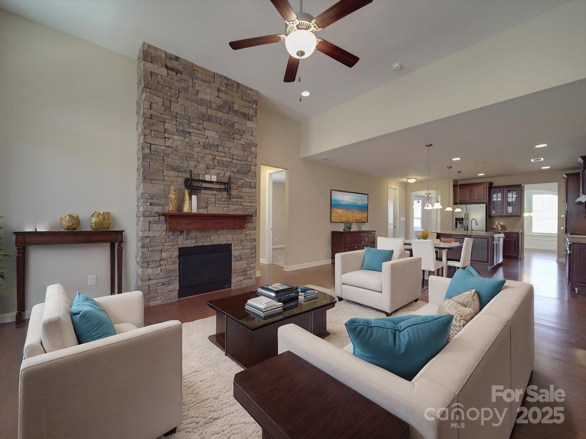 Price Reduction! Your Lucky Day to Own This Stunning Home. Back on the market—through no fault of the seller—this gorgeous home is ready for its next owner! Nestled at the edge of a peaceful cul-de-sac in the heart of the community, it welcomes you with an inviting entryway flanked by a formal dining room and versatile bonus space.
At the center of the home, relaxation and connection take priority. A chef-inspired kitchen with ample counter space flows seamlessly into an informal dining area and a spacious great room, highlighted by a striking stacked stone fireplace—a perfect gathering spot for all.
A wall of windows bathes the space in natural light, offering picturesque views of the covered patio and private backyard, which backs to serene wooded space for added tranquility.