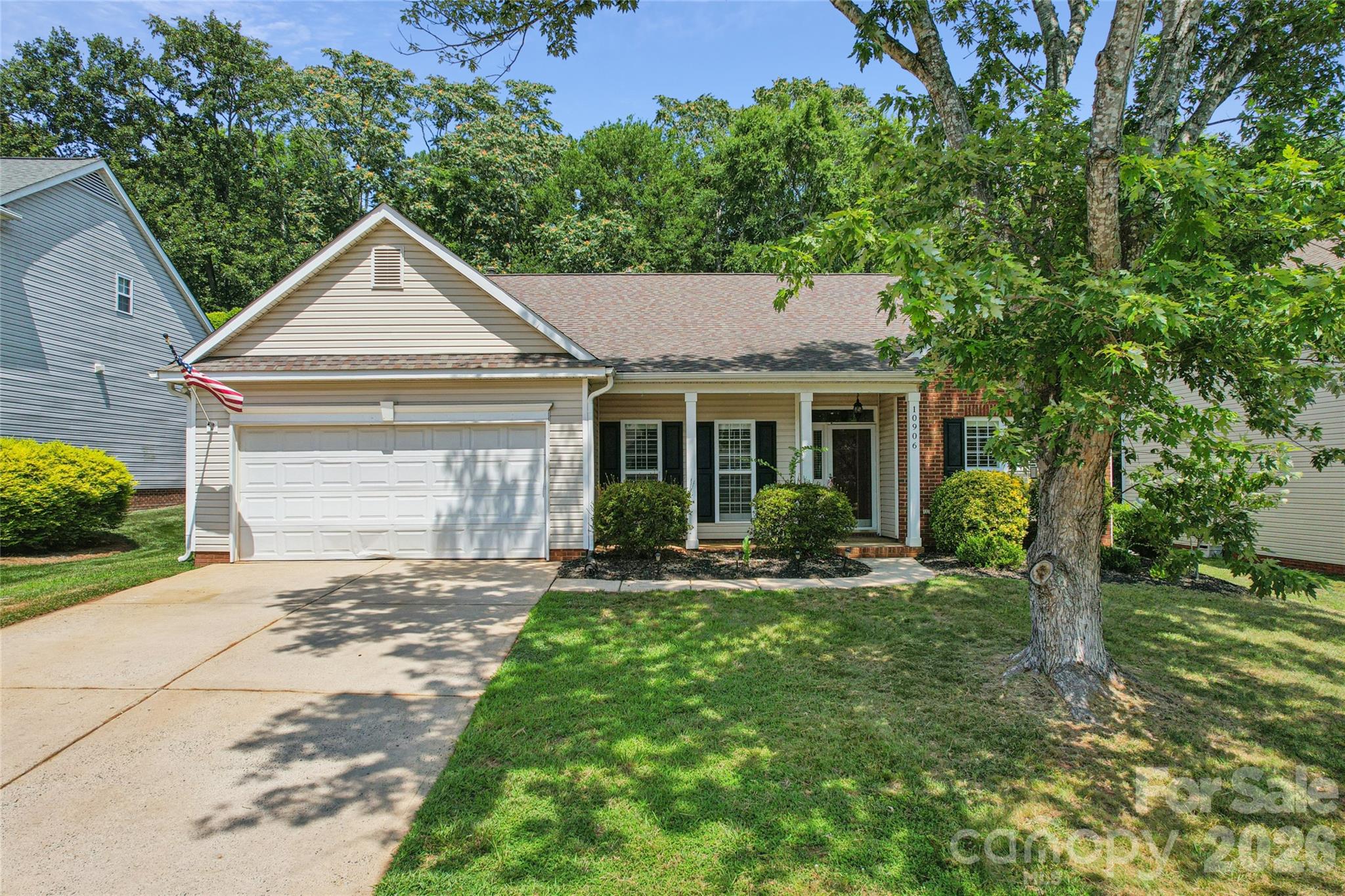 Prepare to be wowed by this beautifully updated, move-in-ready Ballantyne ranch! Situated on a quiet cul-de-sac street, this exceptional home welcomes you with a charming rocking-chair front porch. Inside, gorgeous hardwood floors span the main living areas, flanked by a formal dining room and a dedicated home office behind classic French doors.The heart of the home features soaring ceilings that open to a fully updated kitchen, complete with bar seating, a casual breakfast area, and an included refrigerator. Relax in the adjacent family room, anchored by custom built-in shelving and a cozy gas fireplace. Just beyond, a bright sunroom offers a peaceful retreat surrounded by windows with premium plantation shutters.The functional floor plan offers four well-appointed bedrooms. The primary suite features a private en-suite bath and an oversized walk-in closet behind a stylish farmhouse sliding door. Three additional spacious bedrooms also feature plantation shutters and large closets. The dedicated laundry room provides built-in storage and includes the washer and dryer. Outside, the private backyard boasts a mature tree line, an extended paver patio perfect for entertaining, and a convenient storage shed. Homes of this caliber in Ballantyne rarely hit the market at this price point—schedule your tour today!
Check out the listing video!  https://www.hommati.com/3DTour-AerialVideo/unbranded/10906-Chamberlain-Hall-Ct-Charlotte-Nc-28277--HPI75055419