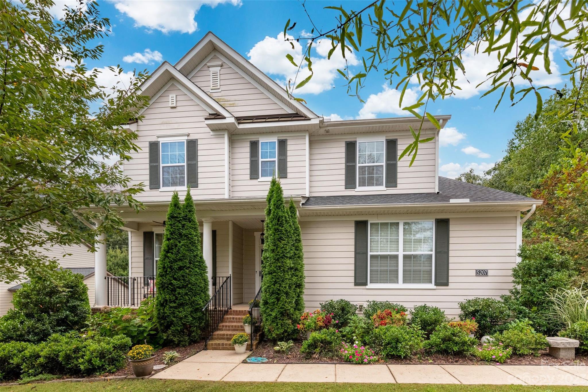 Welcome to this Beautiful SMART home in the  Beckett Community! Inside on the main floor, beautiful hardwoods throughout with the exception of the bath with tile. The Chef's Kitchen has granite counters with a large island that can comfortably seat 4 counter bar stools., a 5 burner gas cooktop, and a double oven. a built-in microwave, and a walk-in pantry with custom shelving. Also on the main floor, you will find a fabulous sunroom (portable AC and heater that conveys), a full bath, and a bedroom /home office/Flex room with a double closet. There are 8 ceiling fans interior and exterior. The upper level is primarily hardwoods, carpet in secondary bedrooms, tile in baths, and linoleum in the laundry room (cabinets, hanging stations, and folding countertop). The side-load garage has extensive shelving for storage. The interior has recently been painted with an attractive neutral color. Buyer to pay $400 at closing for Capital Contribution. Jan. 2024 Qrtrly HOA changes to $290.