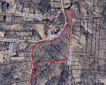 Rare opportunity.  A total of 5 parcels to equal 19+ acres with over 2400ft road frontage on Old Shelby Rd Per Planning and zoning it can be re subdivided under R-40 guidelines.  5 lots together would make a perfect homesite. Land has access to the rear via Childers Rd with a ROW at lot 1.  Lots of hardwood and timber. Stream on the rolling land. Great for residential home site, timber and more.
