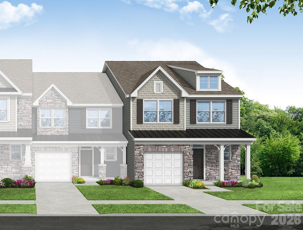 New townhomes in Harrisburg! This end-unit townhome features the primary suite on the main and a flex/bonus room on the upper floor. The home has a total of 3 bedrooms, 2.5 baths, and more than 1,900 square feet of living space. The kitchen features quartz counters, Shaker-style white cabinets, a tile backsplash, and stainless appliances, including a gas range. The open dining area and family room look out to the rear covered porch. The primary bedroom features a tray ceiling, and the primary bath features a tiled shower with bench seat and a double-sink vanity. The upper floor has a loft overlooking the family room, two additional bedrooms, a full bath, and a finished flex space/bonus room. Community amenities include a dog park, walking trails, a playground, outdoor pool, and cabana.