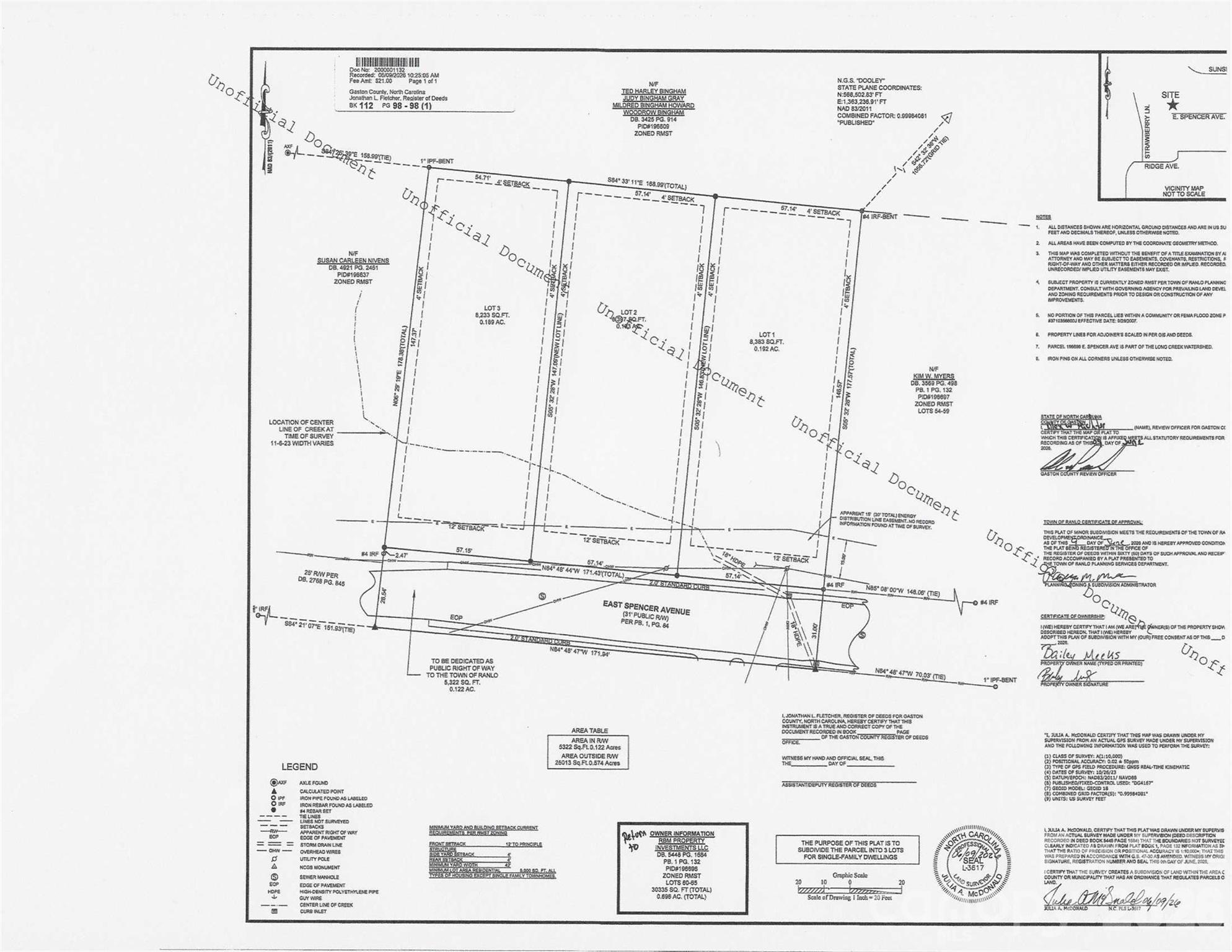 Three side-by-side buildable lots in the Town of Ranlo. Plat recorded to subdivide the parent parcel (Book 112, Page 98); not yet reflected on GIS. Suitable for for-sale or rental new construction. Duplexes permitted by-right under current RMST zoning, allowing increased density across all three lots. Entitlement work complete and ready for development.
