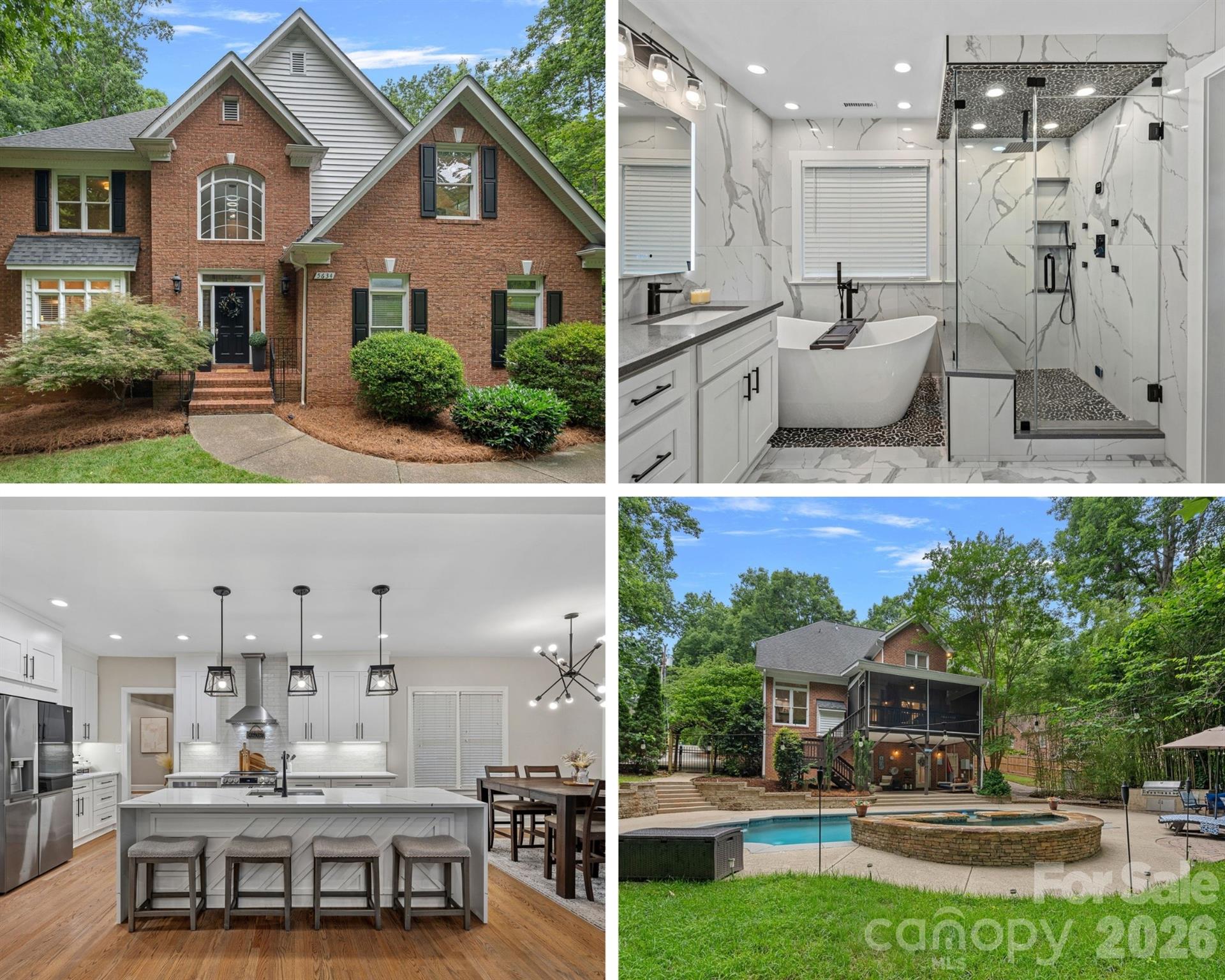 Welcome to 5634 Camelot Drive, where timeless brick architecture meets a stunning top-to-bottom transformation. Positioned on over half an acre in one of Charlotte’s most established and sought-after neighborhoods, this exceptional home offers more than 4,300 square feet of beautifully reimagined living space that feels both grand in scale and warm in character.

From the moment you step inside, you’ll appreciate the attention to detail. Rich hardwood floors, plantation shutters, designer finishes, and thoughtfully updated spaces create a home that feels both elegant and inviting. Multiple gathering spaces—including a formal dining room, sitting room, breakfast area, and spacious family room with a fireplace and stylish wet bar—make entertaining effortless.

At the heart of the home, the beautifully renovated kitchen is equal parts functional and stylish, featuring quartz countertops, stainless steel appliances, a tile backsplash, and a walk-in pantry that every home chef will appreciate. Just beyond, the screened porch offers the perfect place to enjoy morning coffee, evening cocktails, or simply take in views of the backyard oasis.

Upstairs, the primary suite feels like a private retreat. The completely remodeled spa-inspired bathroom is nothing short of spectacular, showcasing luxurious finishes, a stunning walk-in steam shower, soaking tub, and thoughtful details that transform everyday routines into a five-star experience. Three additional bedrooms and an updated secondary bath complete the upper level.

The true showstopper may be the fully finished walkout basement—a rare and incredibly versatile space offering endless possibilities. Featuring its own bedroom, full bathroom, full kitchen, living area, and dedicated laundry room, it’s perfectly suited for multigenerational living, long-term guests, an au pair suite, private home office or recreation space. With direct access to the backyard, it lives like a home within a home.

Outside, your private resort awaits. Spend summer days lounging by the heated pool and spa, hosting gatherings on the expansive patio, or enjoying the privacy and mature landscaping that make this property feel like a true retreat.

Every inch of this home has been thoughtfully updated, blending the character and charm of an established neighborhood with the style, finishes, and functionality today’s buyers are searching for. If you’ve been waiting for a home that offers space, flexibility, luxury, and a backyard built for making memories, 5634 Camelot Drive delivers it all.