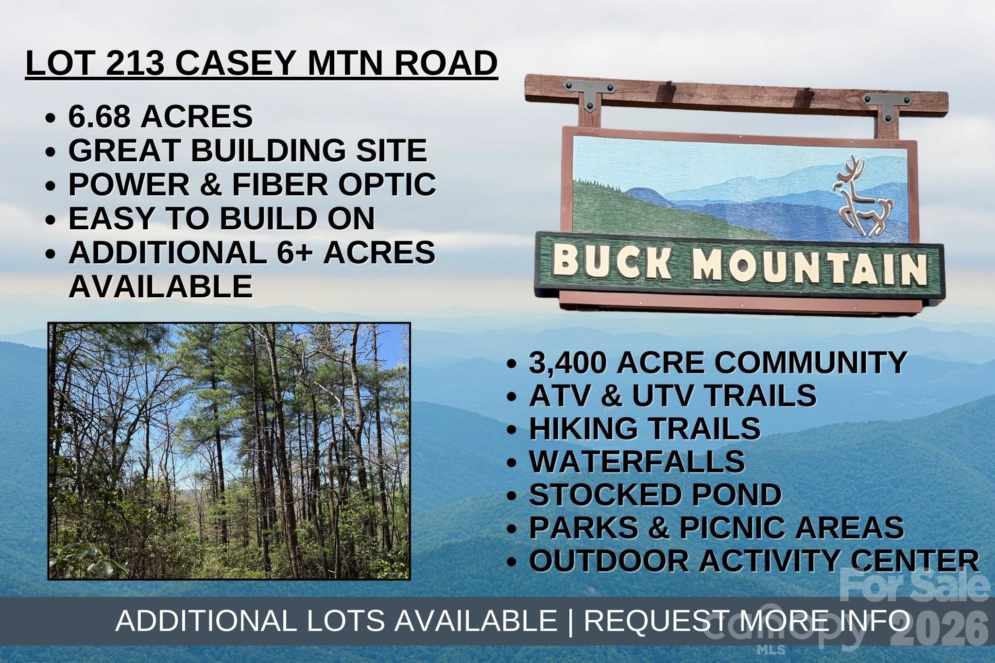 *3-BEDROOM SEPTIC PERMIT ISSUED (Expires 6/5/2030)* Property corners are marked. 6.68 acres with gently sloping terrain. Proposed building site has been staked. From the road, just follow the pink flags to the building site. Great view potential with some tree trimming! Electric is run to the lot. FIBER OPTIC is available. If ADDITIONAL ACREAGE is what you’re after…The adjoining 6+ acre lot is also available (Lot 209 - MLS# 4322258). Just think of all the privacy and seclusion you’ll have here! Looking for a quiet place in the mountains to build a weekend getaway and a place to relax? Conveniently located in the 3,400 acre Buck Mountain community...ONLY GATED ATV COMMUNITY in Wilkes County. Long-term and short-term rentals are allowed. Buck Mountain is a PRIME LOCATION! Arrive at the gate from Winston in only 1 hour and from Charlotte in 1 hour 40 min. Just minutes from High Country activities. Centrally located 35 minutes from Boone, West Jefferson, and Wilkesboro. Close to BLUE RIDGE PKWY, ASU, shopping, dining, golf, wineries, breweries, mountain biking and skiing. BUCK MOUNTAIN HAS HARD TO FIND AMENITIES like ATV Trails, Hiking Trails, Parks, Fishing Pond, Water Falls, Pavilions, Community Center, Helipad, Outdoor Activity Center with amphitheater for live music, community gatherings and so much more! Make lasting memories while spending the day hiking or riding ATVs on the miles of trails. 1,400 SF minimum building requirement. NO TINY HOMES. NO MOBILE HOMES. NO CAMPING. NO SELLER FINANCING. Well and septic needed.