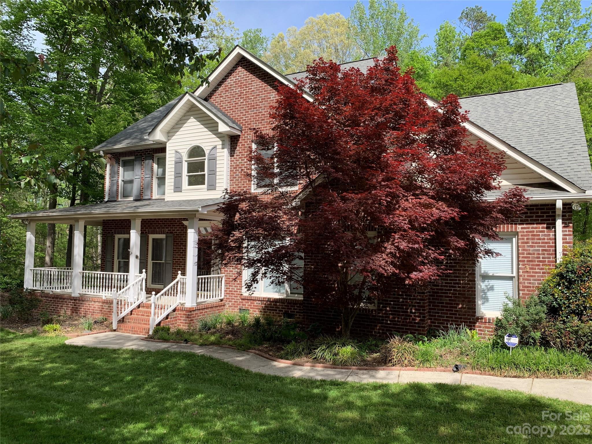 MULTIPLE OFFERS - PLEASE SUBMIT BEST OFFER BY 5PM 4/18/23. Beautiful all brick home with large, private lot backs up to wooded watershed area. Two-story home features 4 bedrooms plus a 5th Bedroom/Bonus room. Two-story foyer has hardwood floors and opens to formal dining room behind French doors, and a large private office. Kitchen has granite countertops, a breakfast bar & separate eating area, open to Great Room w gas fireplace. Guest bedroom & full bath also on main level. Attached two-car garage w programmable opener. Upstairs Master Suite has recessed lighting & fan; Master Bath has separate shower and garden tub, dual vanities, enclosed toilet, and a large walk-in closet. Two additional bedrooms up & another full bath. Attic stairs pulldown & laundry upstairs, as well as large Bonus/5th BR w built-ins. Beautifully landscaped back yard has huge deck w awning, brick patio, greenhouse, and storage shed. Miranda is an established neighborhood close to shopping and new greenway!