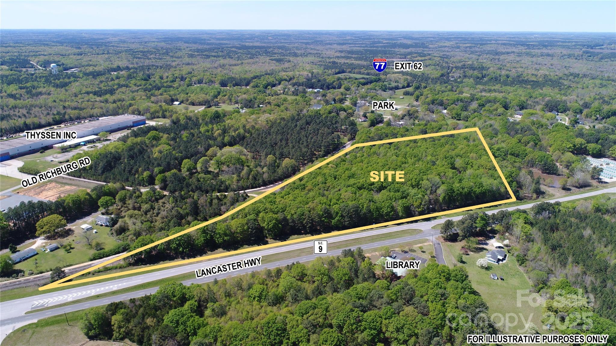 ±21 acres with ±1100' frontage & median cut on 4-lane highway (Lancaster Hwy, aka SC 9) near lighted intersection with Lewisville High School and Old Richburg Road.  Located less than 2.5 miles from I-77 (Exit 65) and less than 1.5 miles from I-77 (Exit 62) in Chester County.  Richburg Town Limits (no town taxes) with Commercial and Development zoning.  L&C Railway tracks along southern property line.  Sewer line easement at northwestern corner.   Rare opportunity to find a gently sloping mass of usable land centered in Chester County's hottest growth area of Richburg encompassing, as of 12/31/2024, 4 planned subdivisions under construction (1,227 single-family, 200 townhomes, 135 duplex homes, 240 multi-family) within a 4-mile radius from this property.  There is a strong need for commercial development and this location is ideal for such use.  All utilities available. Serious buyers only.  No owner financing.  Price is firm for entire property.  Owner may consider subdividing.