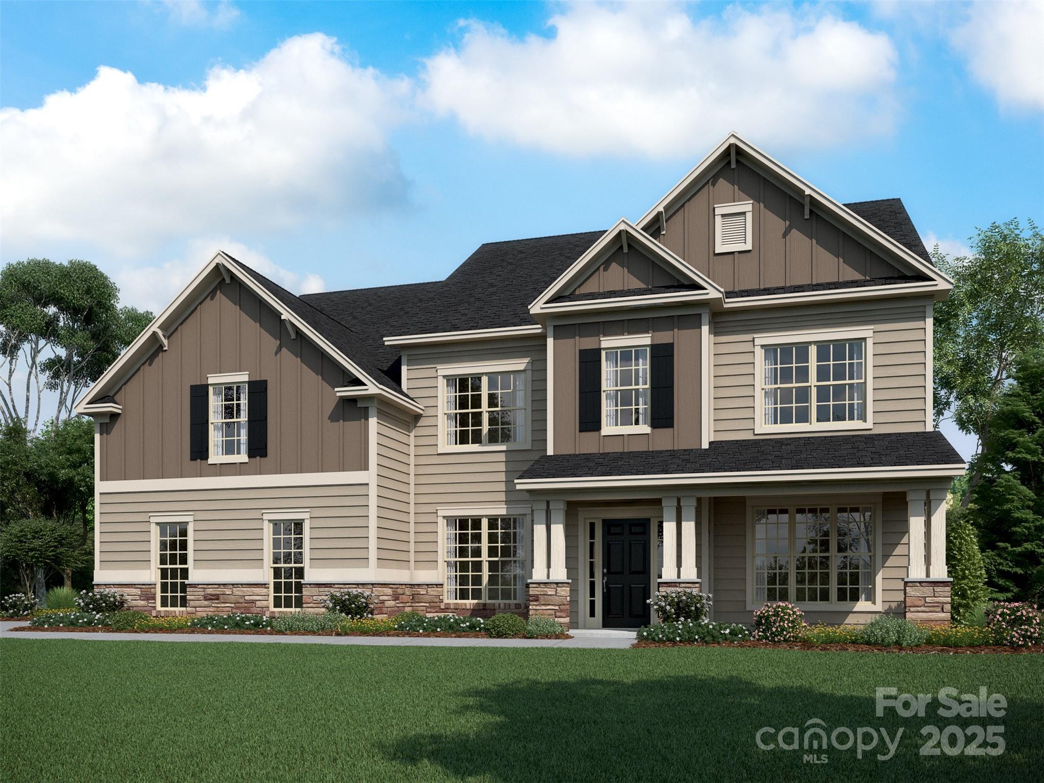 Popular Hampton plan with finished basement.  2-story entry foyer flanked by a spacious formal dining and opposite a study with French doors for the perfect home office. Stately siding and stone exterior with front porch and a covered rear deck for outdoor entertaining. Hampton has 5 bedrooms, most with their own full bath and 2 rooms share a jack-n-jill bath. The home includes a private guest suite with full bath on the main level. Premier bedroom upstairs has a private covered upper deck just off the owner's suite. Freestanding tub and separate tiled shower in the premier bath. The kitchen offers a large stained wood center island plus a walk-in pantry. Painted shaker style cabinets are stacked to the ceiling around perimeter of kitchen. Upstairs offers a spacious recreation room & a separate small finished bonus room. The 3 car garage is configured with a 2 car sideload garage and a separate carriage garage. And a great community amenity package plus terrific schools.