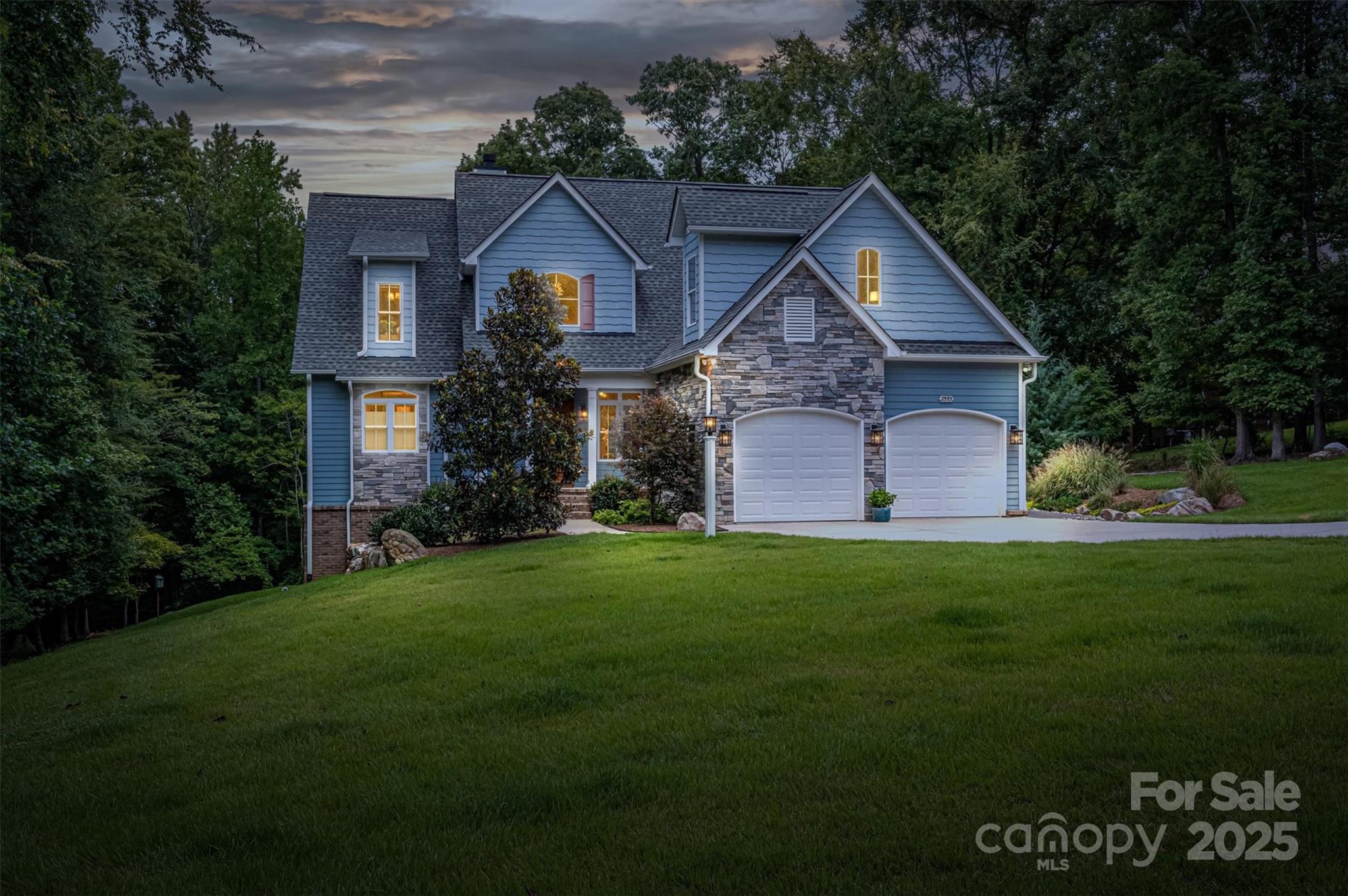 Welcome to this exquisite custom built and designed home, completed in 2018. Situated on 2 acres, this residence features 3 bedrooms and 2.5 bathrooms, including a main-level primary suite with an ensuite bath boasting dual quartz-topped vanities, walk-in shower, soaking tub, and dual walk-in closets. Upstairs, two additional bedrooms and bonus rooms offer the flexibility to create a guest suite or live as a 5-bedroom home. The gourmet custom kitchen seamlessly connects to a private screened patio perfect for entertaining. A grand two-story family room showcases a custom stacked stone fireplace, adding warmth and character. The walkout basement, already framed and equipped with new heating, cooling, ductwork, electrical, and plumbing for a full bathroom—ready for your personal touch. Located in a highly sought-after lakefront community, this home offers breathtaking winter views, access to Lake Wylie’s marina and boat landing, and the top-rated Clover School District.