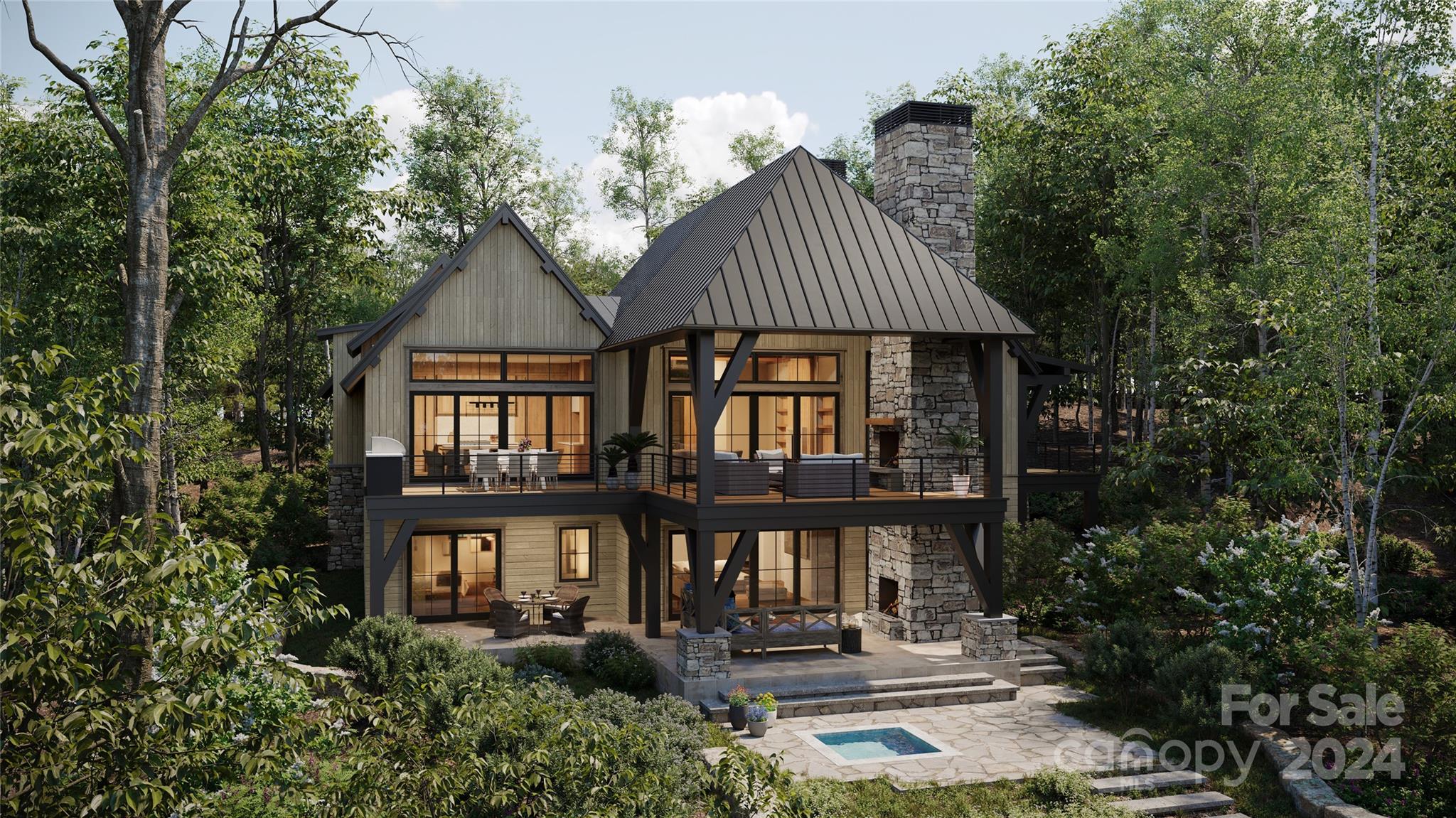 This exceptional home is a sophisticated blend of natural beauty and luxury. The cypress and cedar siding, standing seam metal roof, and stone foundation and chimney reflect the rugged elegance the mountain setting. Expansive windows frame panoramic mountain and golf course views, while 14-foot ceilings and cedar timbers enhance the open living spaces. The gourmet kitchen is equipped with Wolf/Sub-Zero appliances, custom cabinetry, stone countertops, and a scullery. The home includes 5 bedrooms, 5 full bathrooms, half baths on each level, a private office, a primary suite with private porch, and an in-home elevator for convenience. +1,200 sq ft of outdoor living space with 2 fireplaces and in-ground spa. Balsam Mountain Preserve is a private 4,400 acre club community with 3,200 acres of conservation land and completed amenities including an Arnold Palmer golf course, The Summit House and Mine Tavern restaurants, wellness and equestrian centers and over 40 miles of hiking trails.