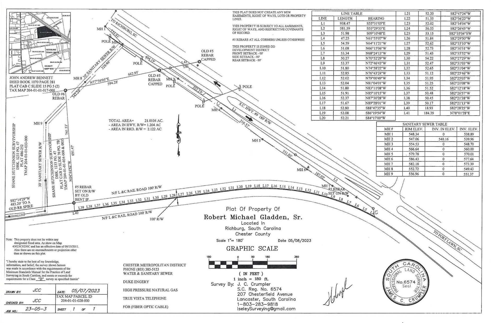 ±21 acres with ±1100' road frontage & median cut on 4-lane highway (Lancaster Hwy, aka SC 9) near lighted intersection with Lewisville High School and Old Richburg Road.  Located less than 2.5 miles from I-77 (Exit 65) and less than 1.5 miles from I-77 (Exit 62) in Chester County.  New plat 2023.  Richburg Town Limits with Commercial and Development zoning.  Rare opportunity to find a gently sloping mass of useable land in an area with (as of 10/25/23) two planned subdivisions under construction (597 single-family combined); four additional planned developments approved (2,250 single-family, 200 townhomes, 465 multi-family combined); and possibly three more planned developments coming soon for approval. ALL WITHIN A 5-MILE RADIUS FROM THIS PROPERTY. Multiple industrial projects underway creating jobs, jobs, jobs. There is a strong need for commercial development and this property is prime for such use. All utilities available. Serious buyers only. No owner financing.