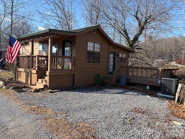 A REMARKABLE & PICTURESQUE SETTING... the front of this home overlooks a large lake and distant mountain views; the back of this home overlooks a rushing mountain creek. Located in the Jonathan Valley area. This "cabin-style" park model home has cathedral-style tongue and groove wood ceilings with wood beams, tongue and groove wood walls, and wood floors throughout. Two bedrooms with split design, two full bathrooms, living room, modest but fully functional kitchen, and a dining area. The upper loft area provides additional sleeping space for the little ones; they'll love the climb up the ladder (this area not counted in square footage). Ceiling fans with light fixtures throughout. Central heat and air. Public water and sewer. The exterior siding is wood; log-style. Metal roof. The front porch is covered; to enjoy the views, rain or shine. The side deck is open, of good size, and a great spot to barbeque; there are stairs that lead down to the creek. The 10' x 10' out-building on the side has electrical outlets and overhead lighting. This home is nestled within Dogwood Lakes; a close-knit community that is suitable for year-round or seasonal use. Valley-floor setting with level year-round access. Close to Maggie Valley, Waynesville, Cataloochee Valley in the Great Smoky Mtns National Park. 30-40 minutes to Asheville. Nearby restaurants, shops, entertainment, outdoor activities, & major roadways.