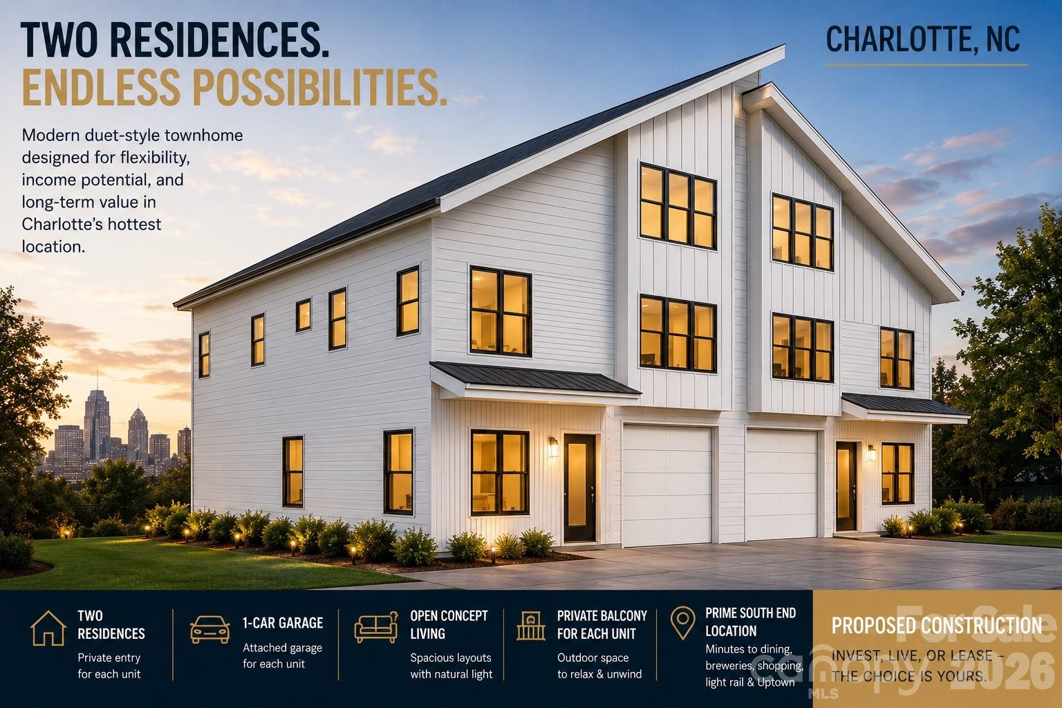 Proposed Construction in Charlotte's highly desirable South End. Unique duet-style townhome featuring two private residences under one roof with a combined 3,967 heated square feet. Each unit offers 3 bedrooms, 2.5 baths, a private balcony, attached 1-car garage, open-concept living, and flexible bonus space. Ideal for investors, owner-occupants, house hackers, or multi-generational living. Live in one side and rent the other, lease both, or enjoy the flexibility of owning an entire income-producing property. Conveniently located minutes from Uptown, South End dining, breweries, shopping, rail transit, and major employment centers. Proposed construction with opportunity for select finish customization.