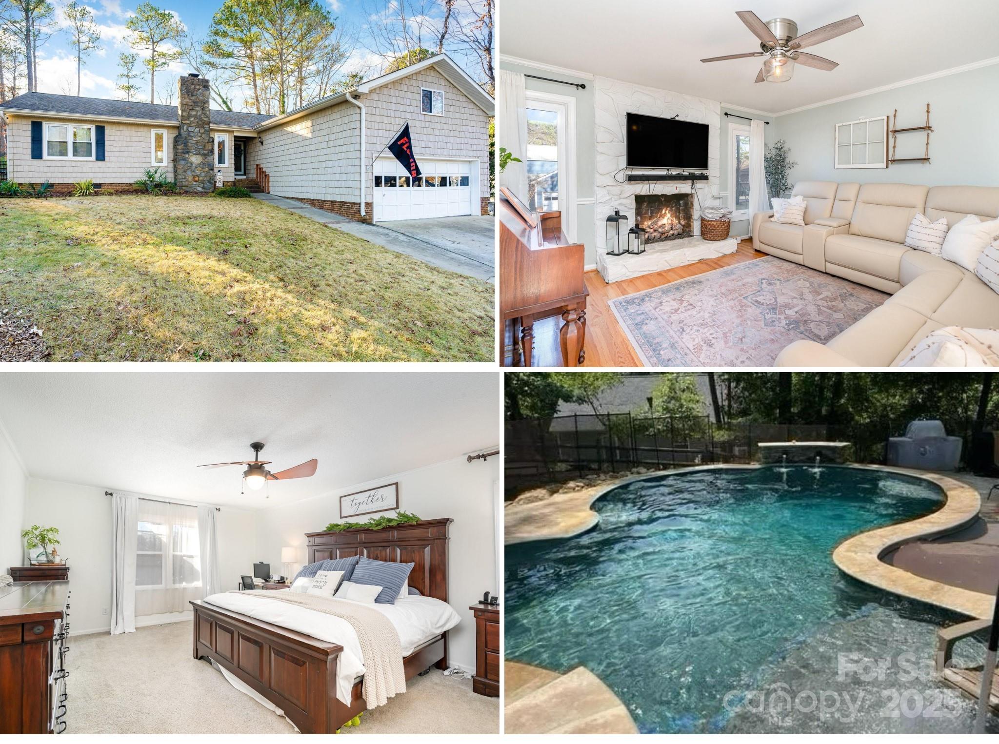 Look no further! Rare, one-story home in Tega Cay offering a heated saltwater pool and spa, 2 car garage w/ bonus suite above and updates throughout! The main living areas feature hardwood floors, a cozy gas fireplace, & a bright sunroom. The kitchen boasts newer appliances, including a gas cooktop, dishwasher, & hood vent. The primary suite has attached bath w/ double vanities & tiled walk in shower. The guest bathroom has an updated vanity, & built-in closets provide extra storage in the guest bedroom. The bonus suite above the garage is complete w/ a separate entrance off of mud room, offering a private bedroom & bath ideal for guests or as add'l living space.Other upgrades include a 2-year-old HVAC, new lighting, custom closets, irrigation + bonus suite over garage.  Enjoy backyard oasis with large deck, tropical landscaping & storage shed! Don't forget the amentity rich Tega Cay community that offers golf courses, community pool, playgrounds & fun activies year-round!